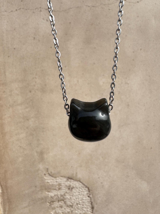 Silver Sheen Obsidian Cat Head Necklace with Stainless Steel 18" Chain