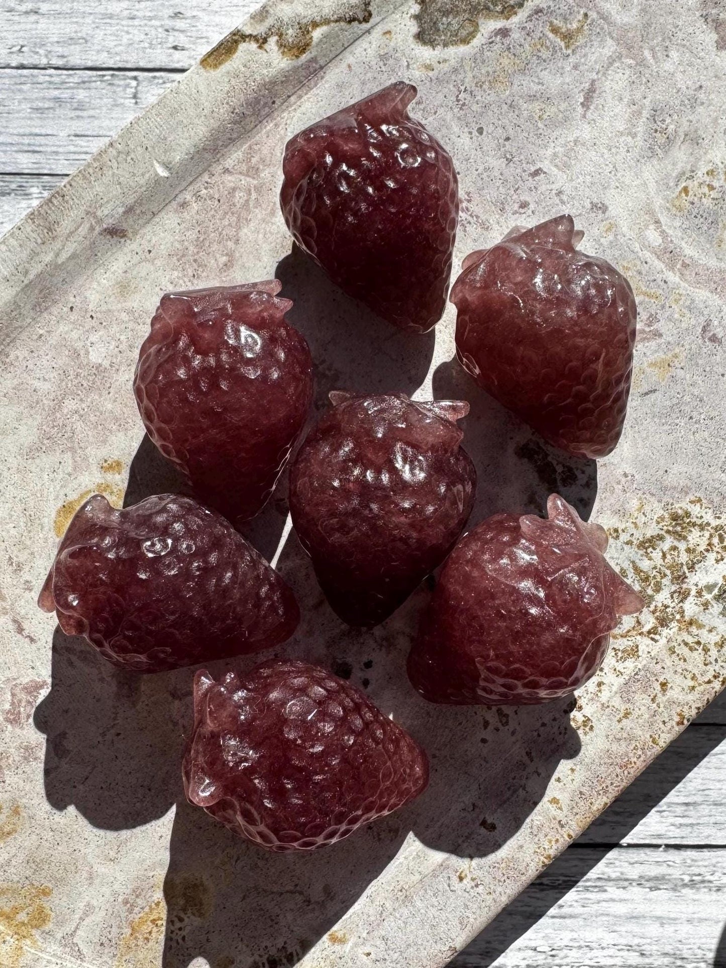 Strawberry Quartz Strawberry Carvings (2"); Beautiful Dark Pink Crystal Stone