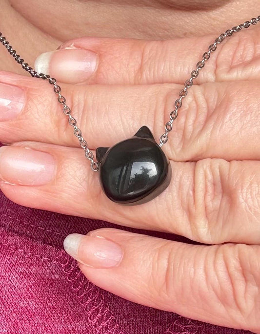 Silver Sheen Obsidian Cat Head Necklace with Stainless Steel 18" Chain