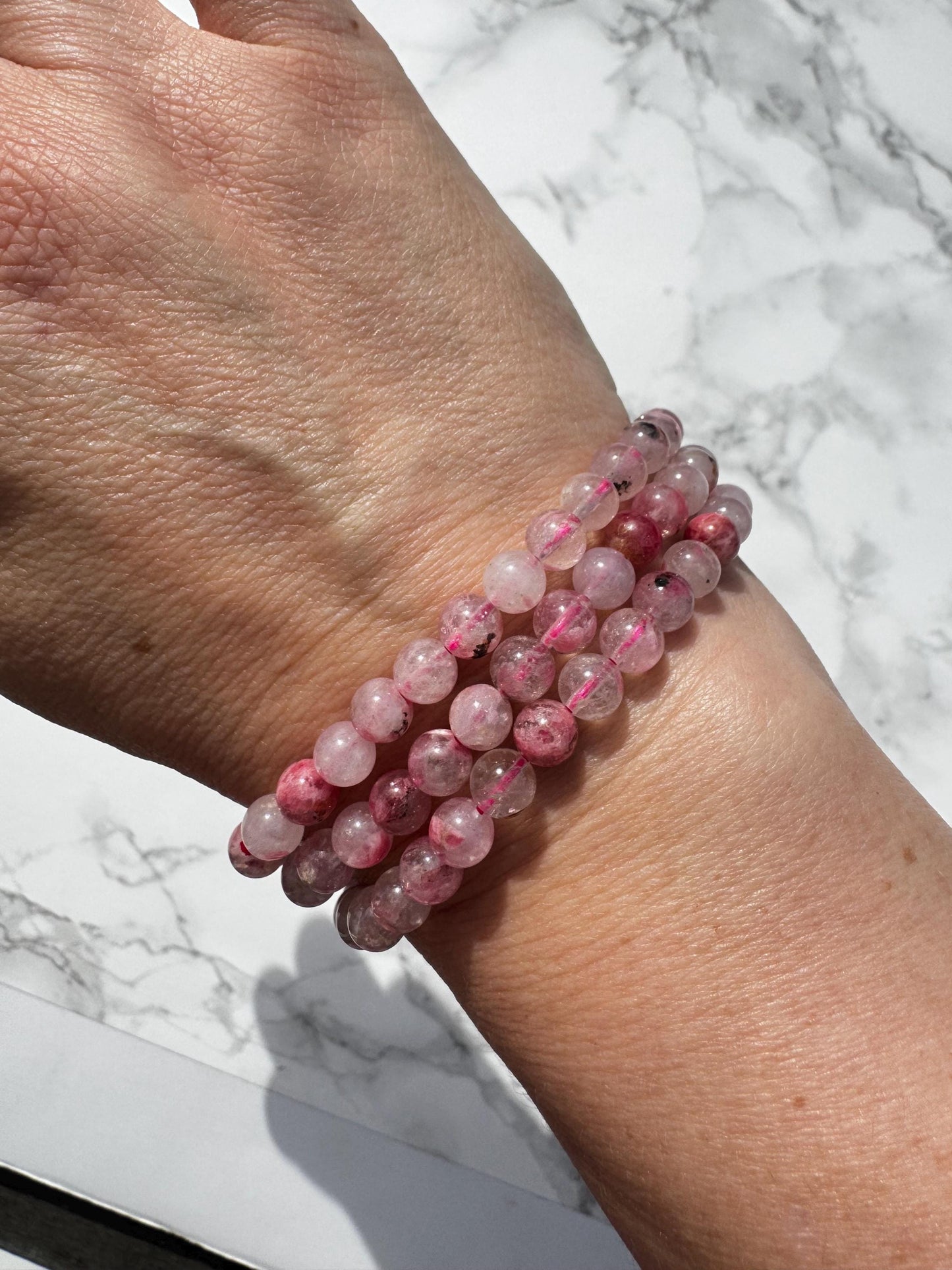 Rhodonite and Quartz Bracelet; 6mm Stretchy Beaded Crystal Bracelet; 6" Size