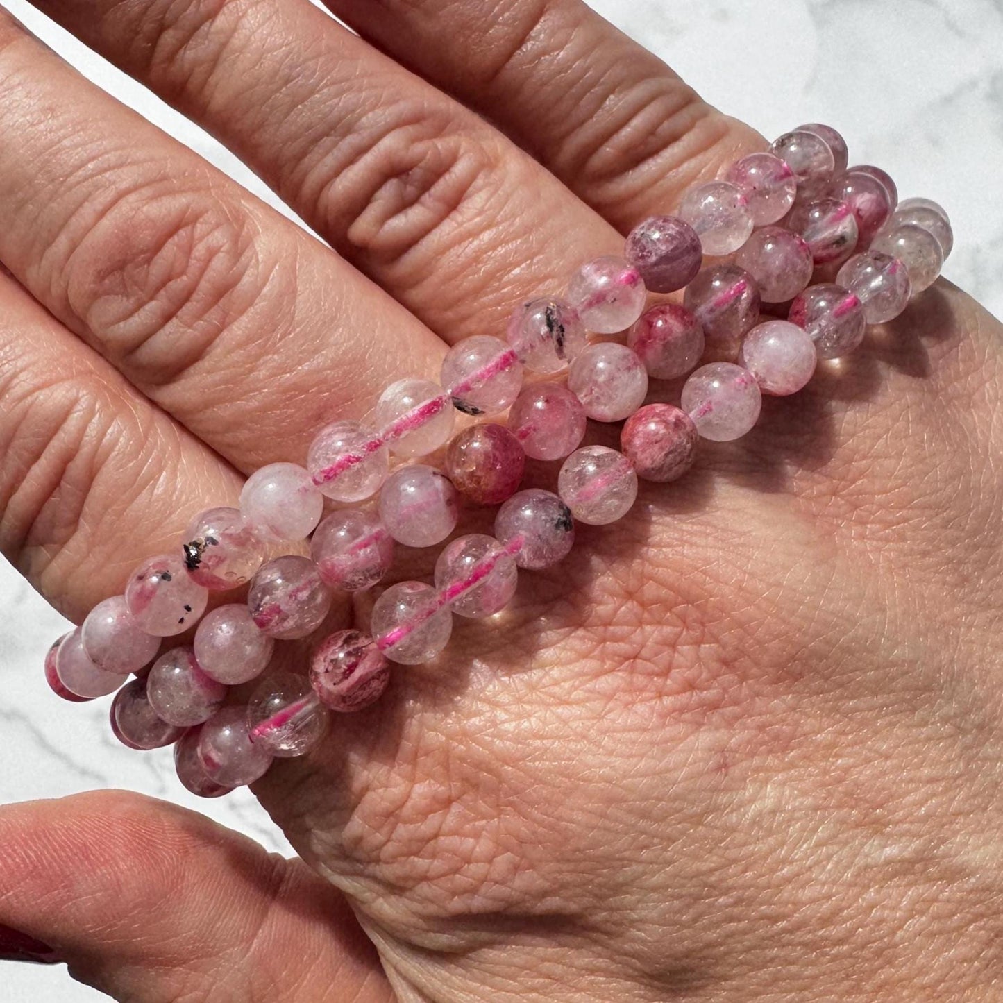Rhodonite and Quartz Bracelet; 6mm Stretchy Beaded Crystal Bracelet; 6" Size