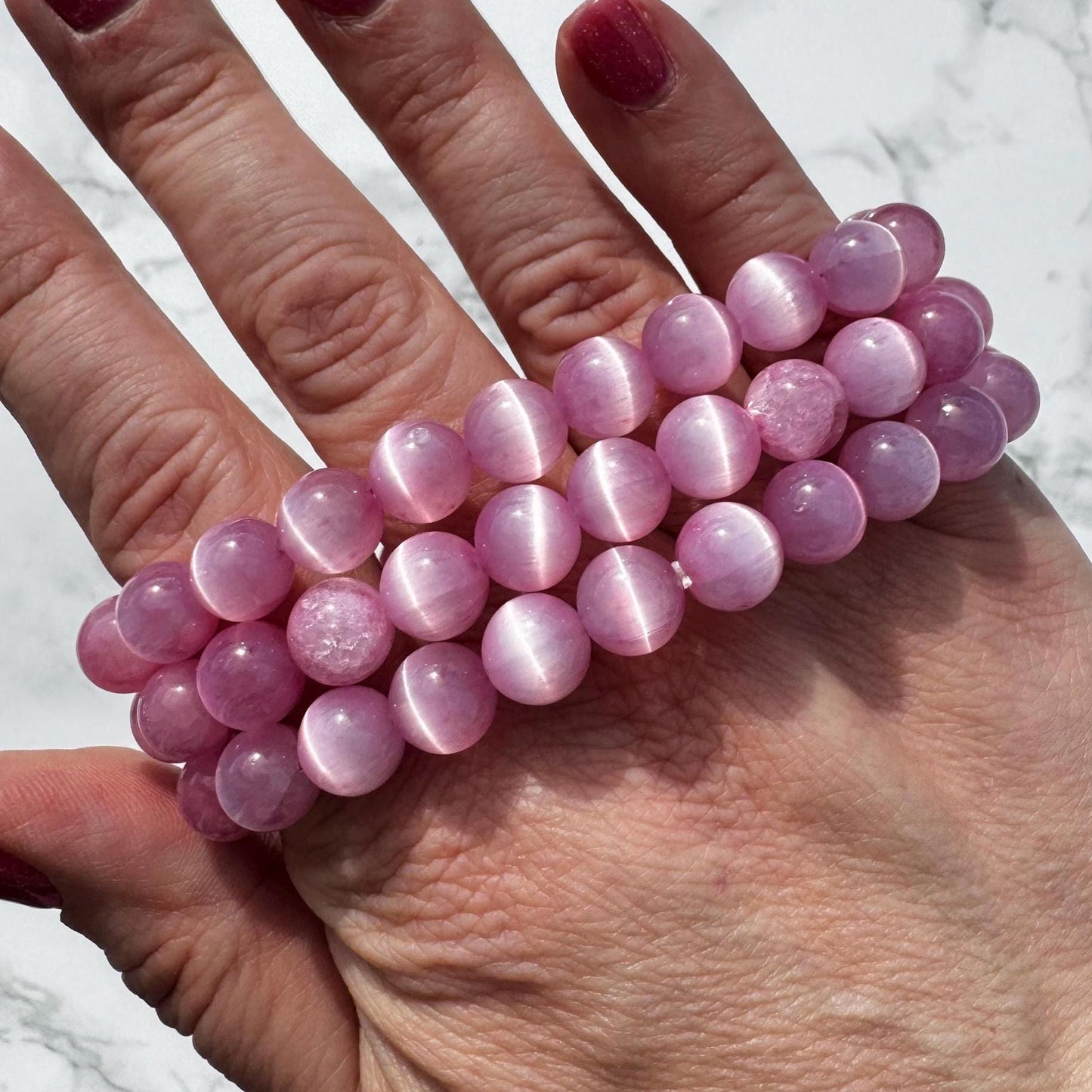 Pink Dyed Satin Spar Bracelet; 8mm Stretchy Beaded Crystal Bracelet; 6" Size