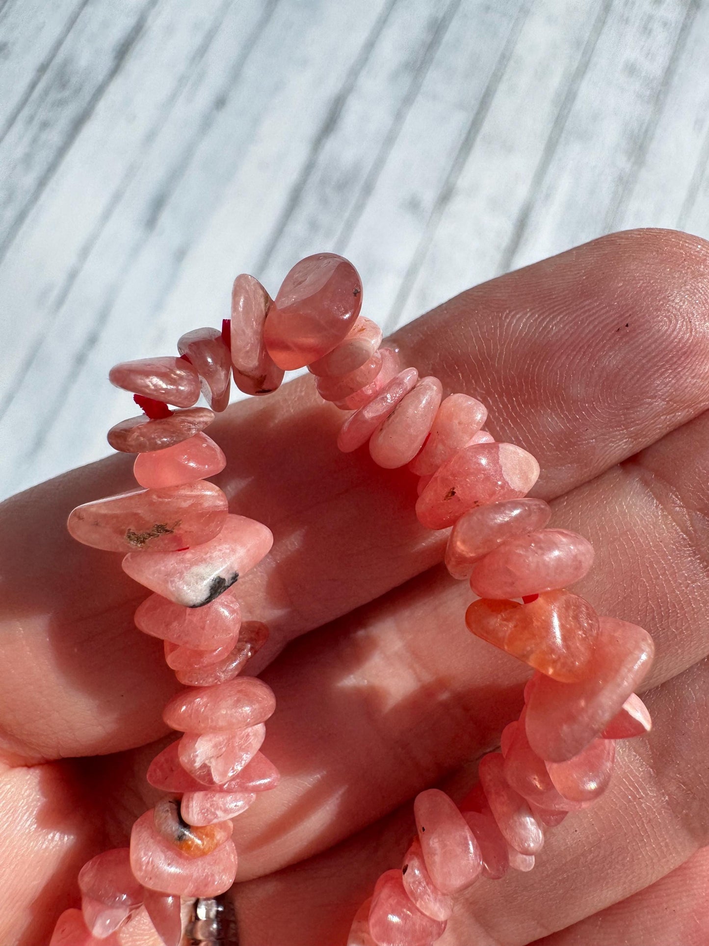 Rhodochrosite Chip Bracelet; Stretchy Beaded Crystal Bracelet; 6" Size
