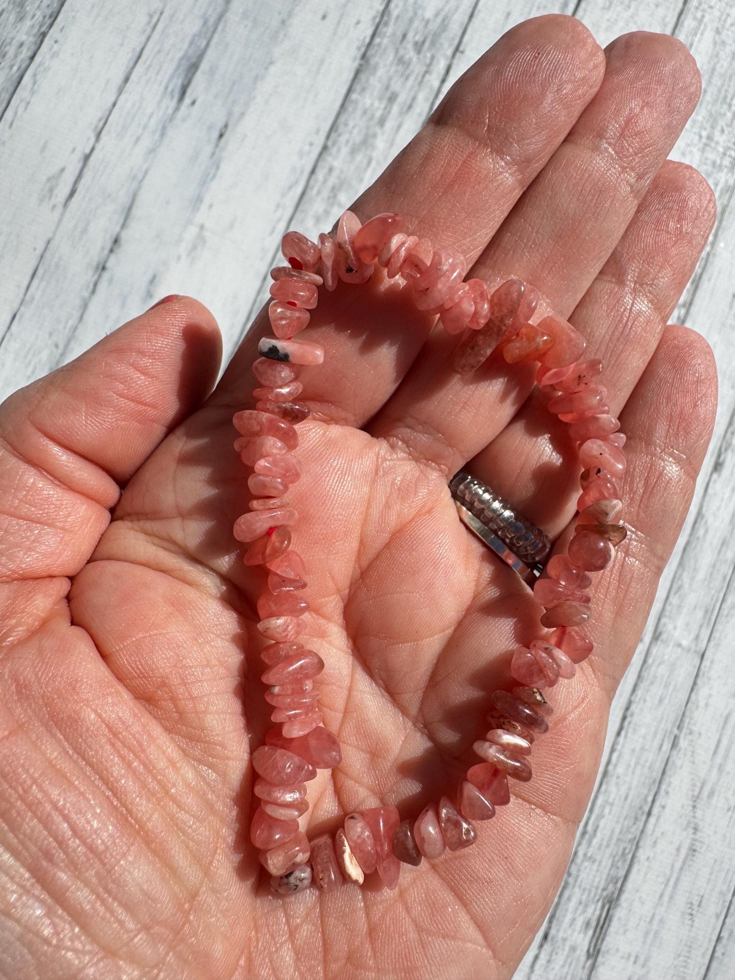 Rhodochrosite Chip Bracelet; Stretchy Beaded Crystal Bracelet; 6" Size