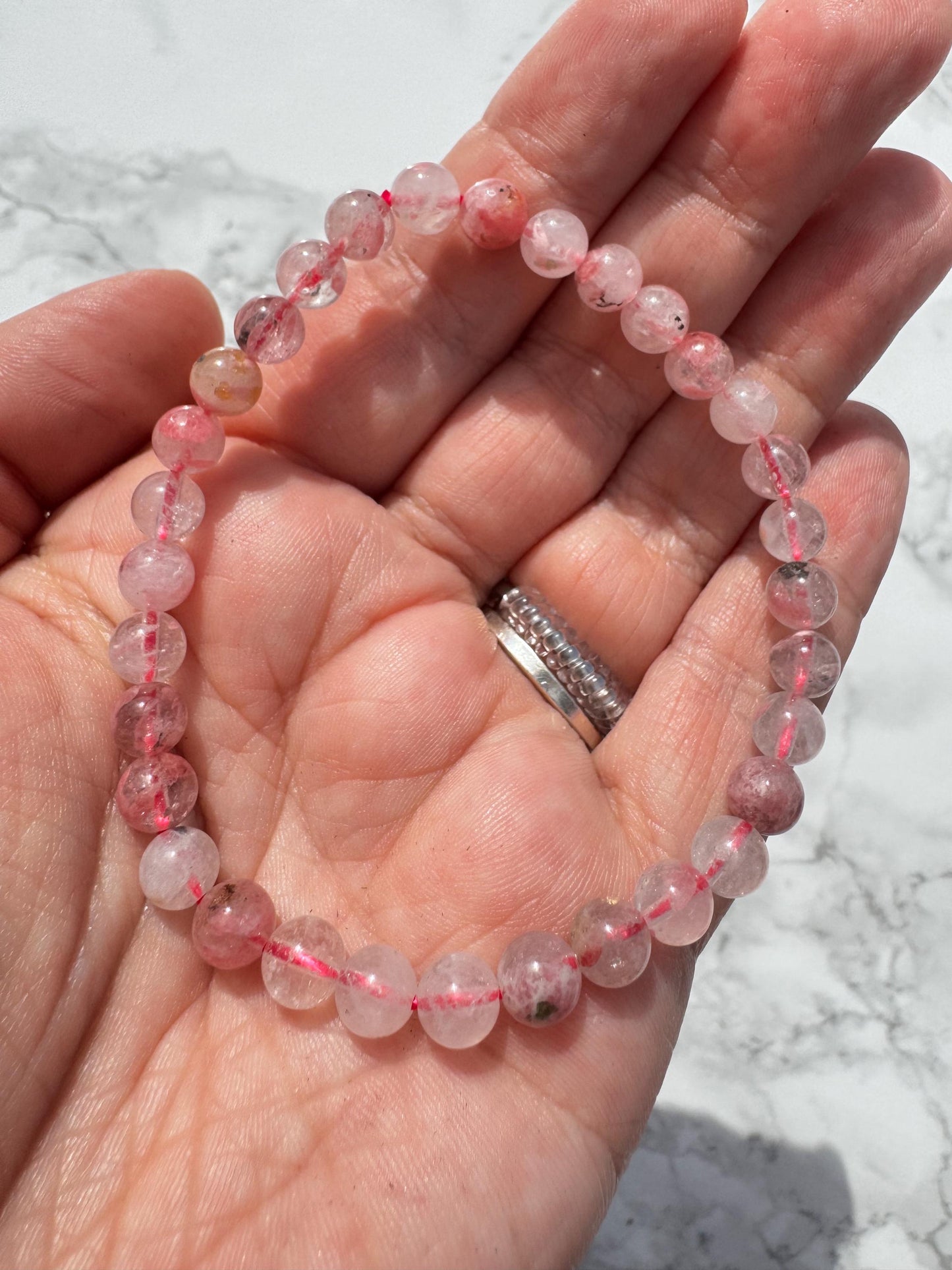 Rhodonite and Quartz Bracelet; 6mm Stretchy Beaded Crystal Bracelet; 6" Size