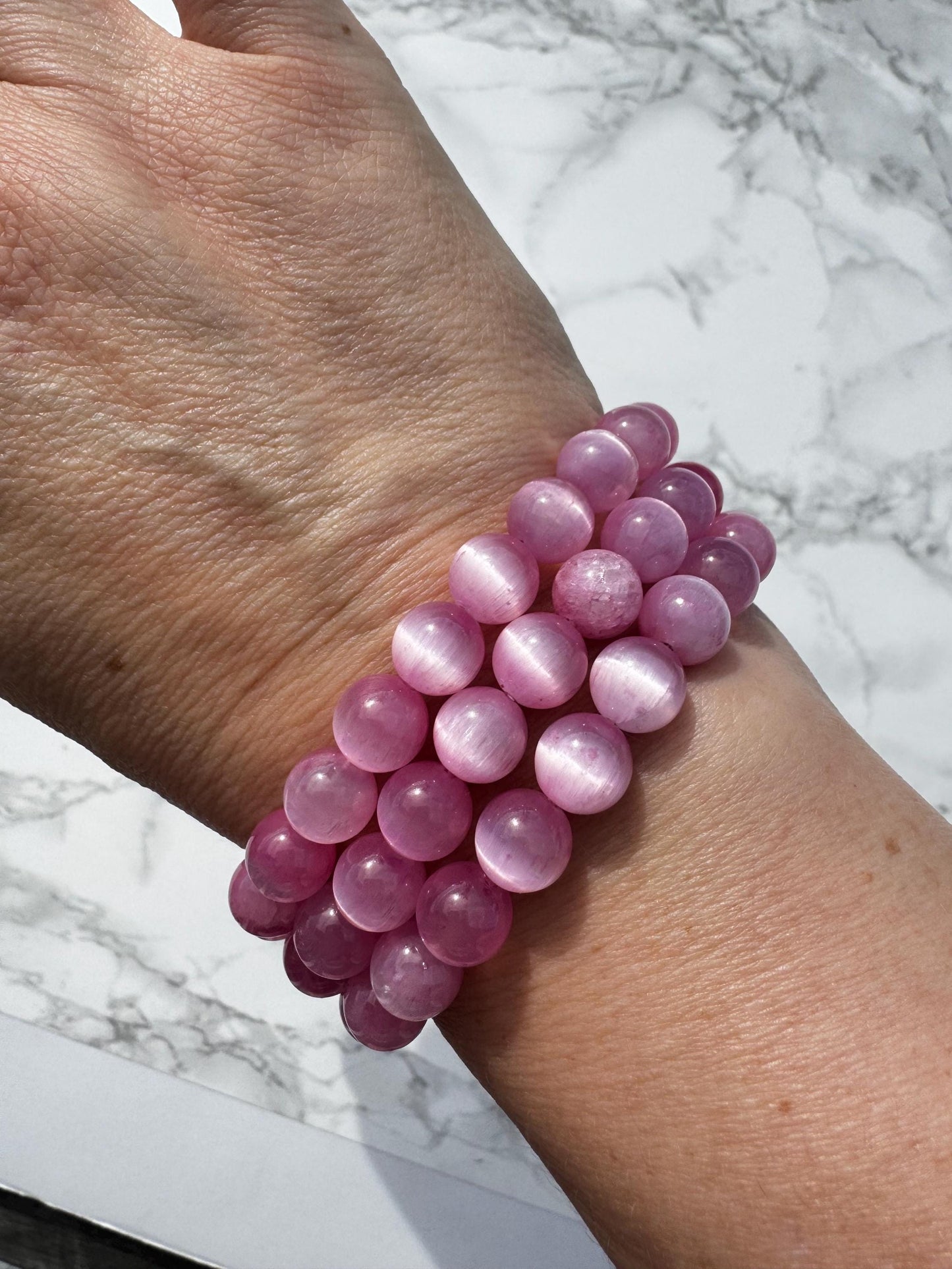 Pink Dyed Satin Spar Bracelet; 8mm Stretchy Beaded Crystal Bracelet; 6" Size