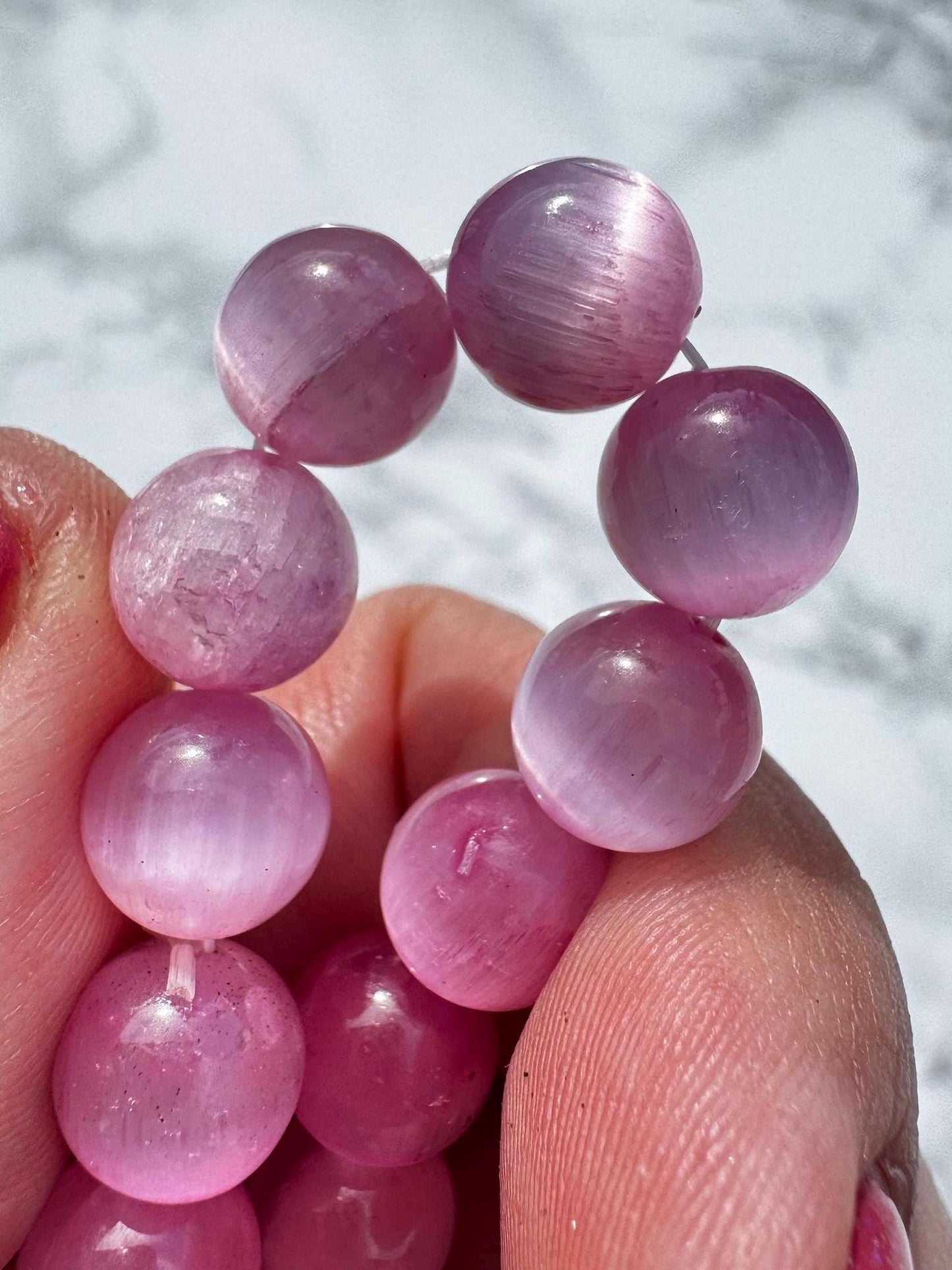 Pink Dyed Satin Spar Bracelet; 8mm Stretchy Beaded Crystal Bracelet; 6" Size