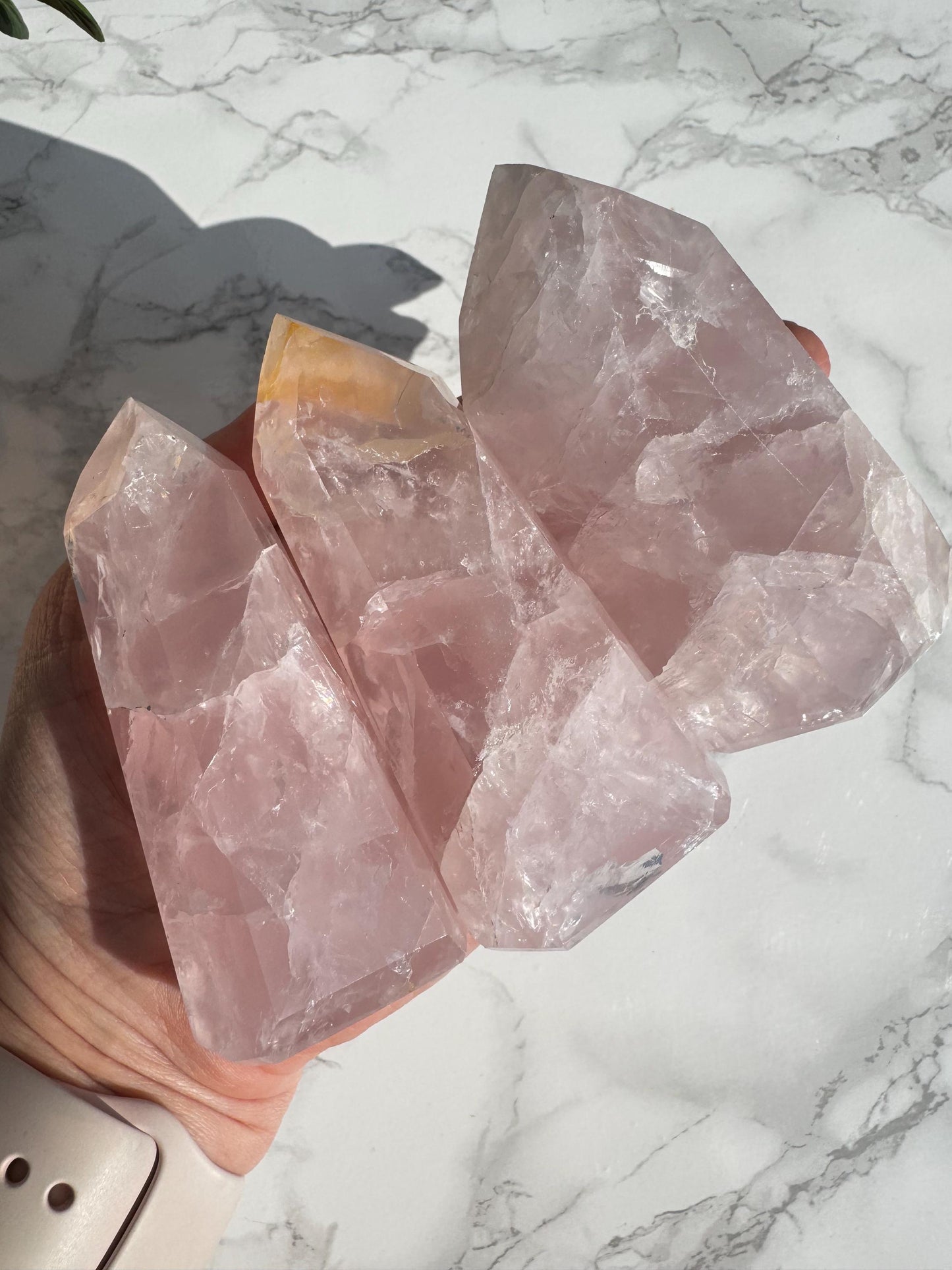 A hand holds three large Nice Quality Rose Quartz Obelisk Towers from Brazil (3.6" - 3.8") on a white marble surface as sunlight casts shadows—ideal for crystal enthusiasts. YOU CHOOSE your favorite.