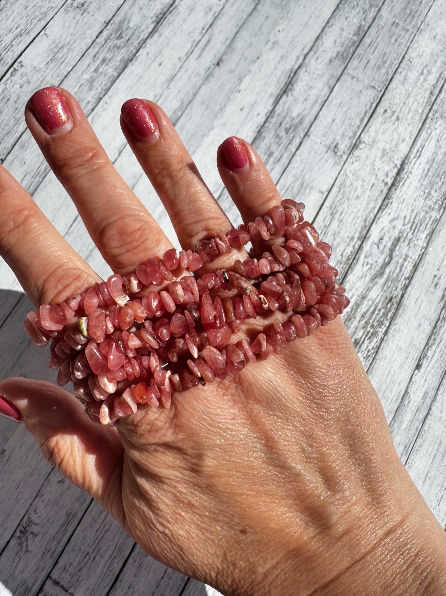 Rhodochrosite Chip Bracelet; Stretchy Beaded Crystal Bracelet; 6" Size