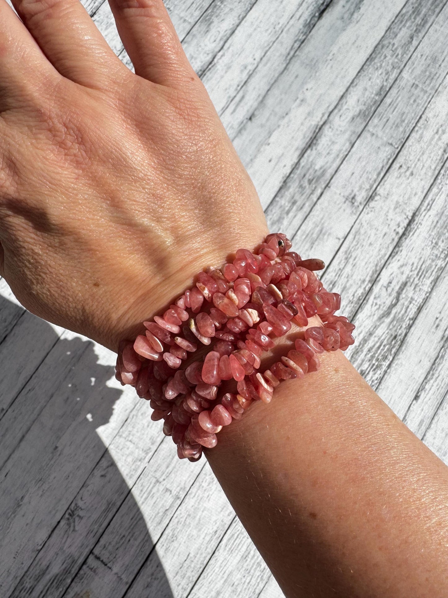 Rhodochrosite Chip Bracelet; Stretchy Beaded Crystal Bracelet; 6" Size