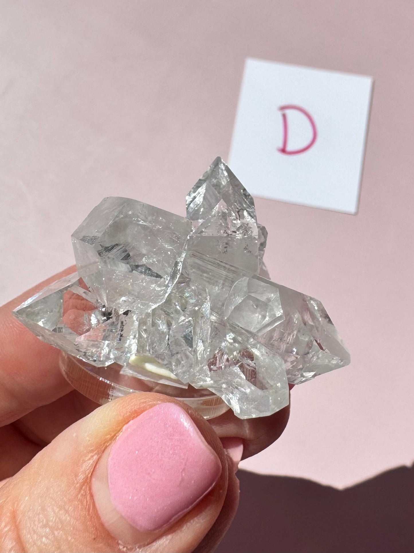 A hand with pink nail polish holds the Apophyllite Cluster from India (ITEM D) against a pink background, with a white card displaying the letter "D". This nice quality crystal is prized for its clarity and formation.