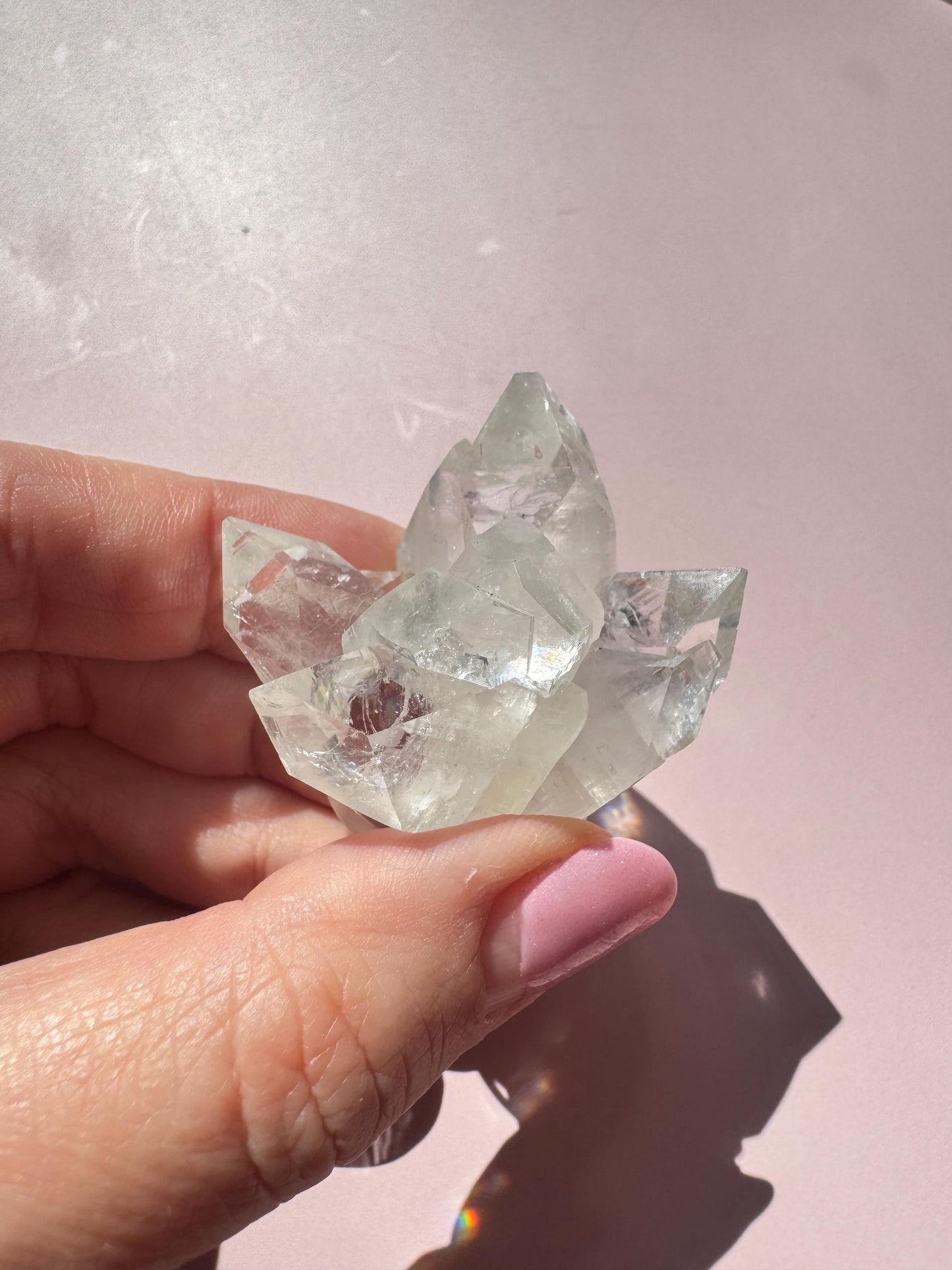 A hand with pink-painted nails holds the Apophyllite Cluster from India - ITEM C, radiating spiritual clarity against a pale pink background.