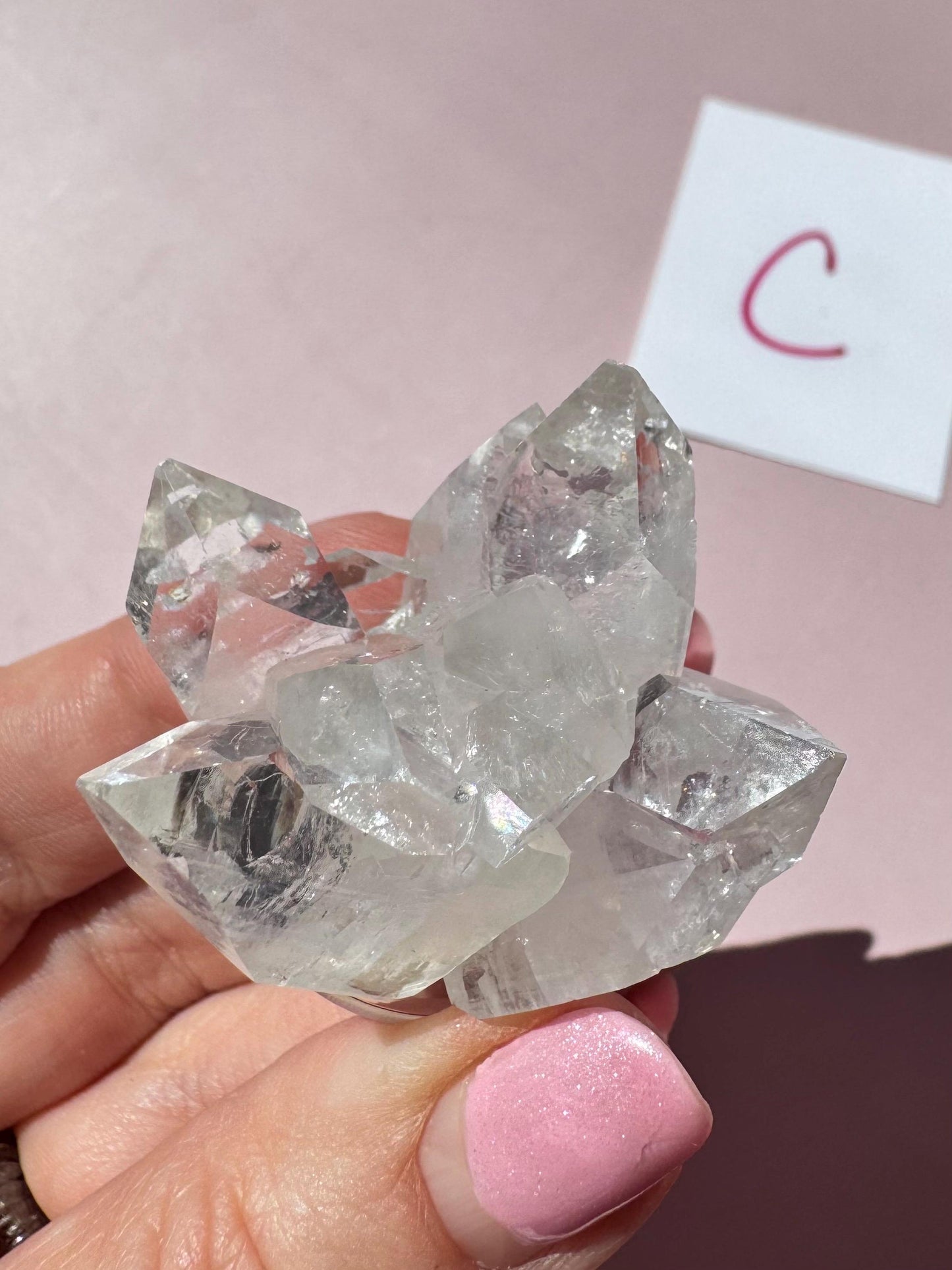 A hand with pink nail polish holds the Apophyllite Cluster from India - ITEM C; a white card with the letter "C" appears in the background.