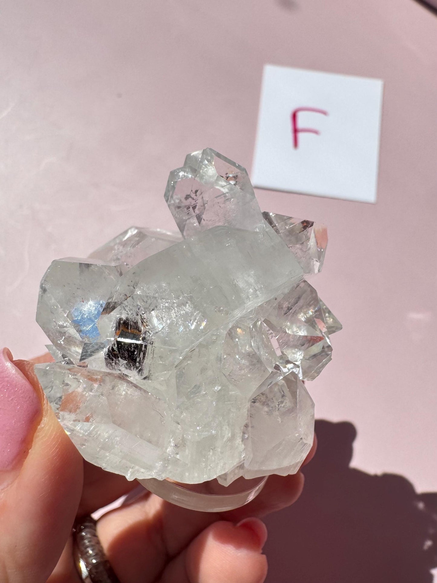 A hand holds an Apophyllite Cluster from India—ITEM F, Nice Quality Crystal Formation—known for promoting spiritual clarity, with a white card marked "F" in the background.