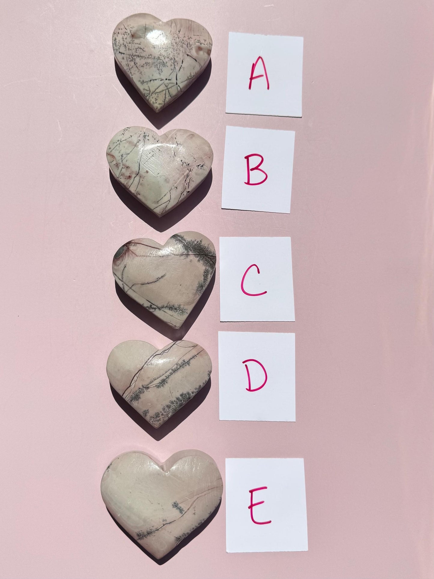 Dendritic Pink Jasper Heart Carvings - YOU CHOOSE