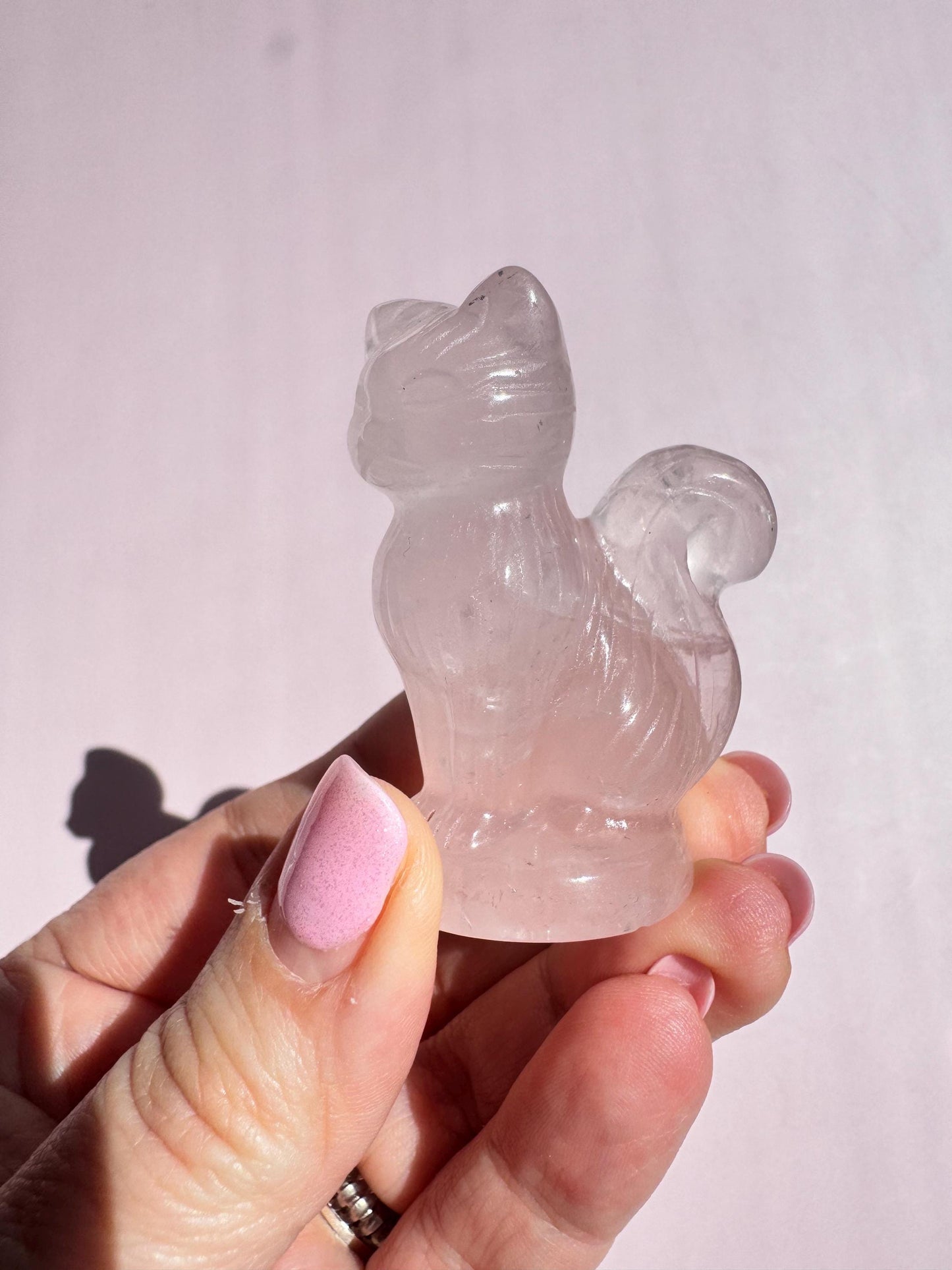 Rose Quartz Curly Tail Cat Carving, Pink Crystal Kitty, Crystal Gift