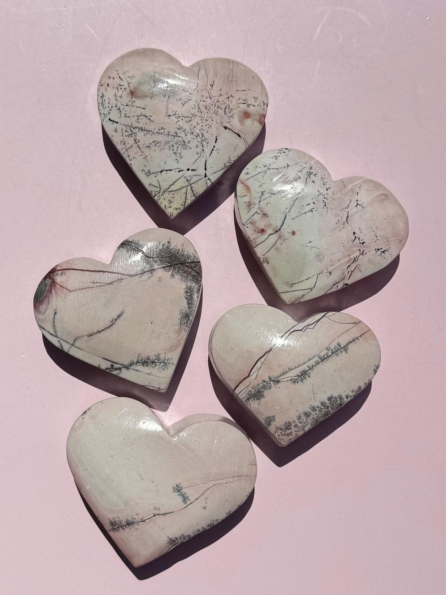 Dendritic Pink Jasper Heart Carvings - YOU CHOOSE
