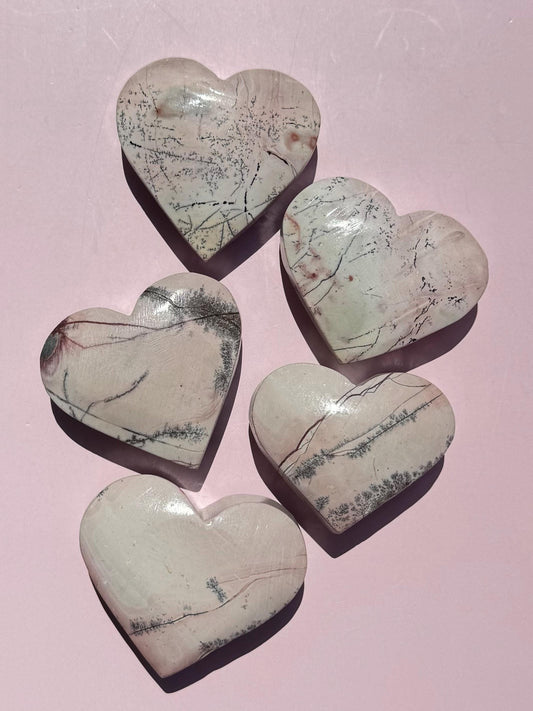 Dendritic Pink Jasper Heart Carvings - YOU CHOOSE