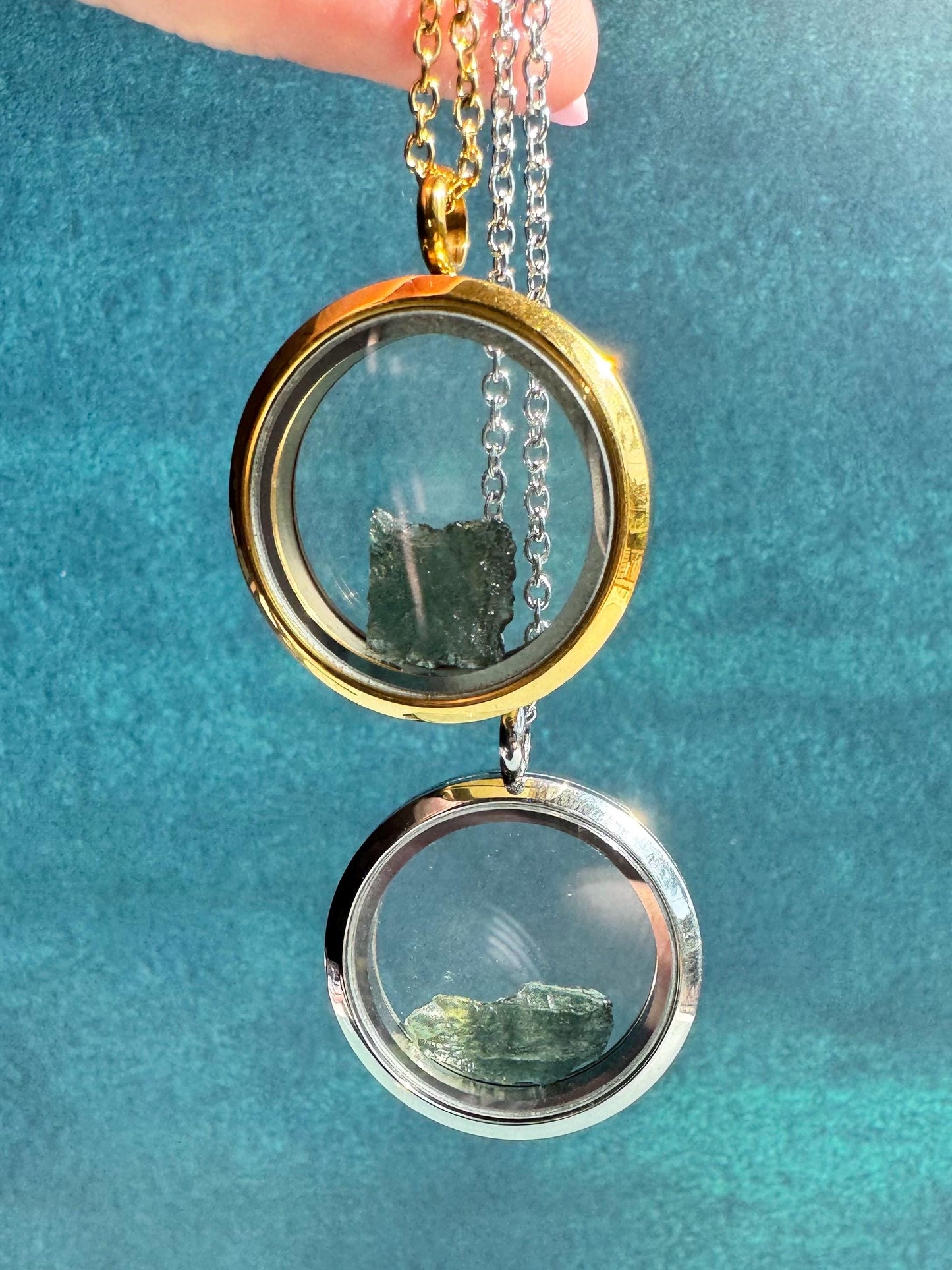 Raw Moldavite with Locket Necklace - You Choose Gold or Silver