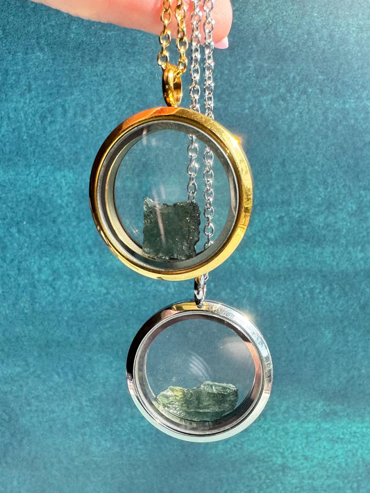 Raw Moldavite with Locket Necklace - You Choose Gold or Silver