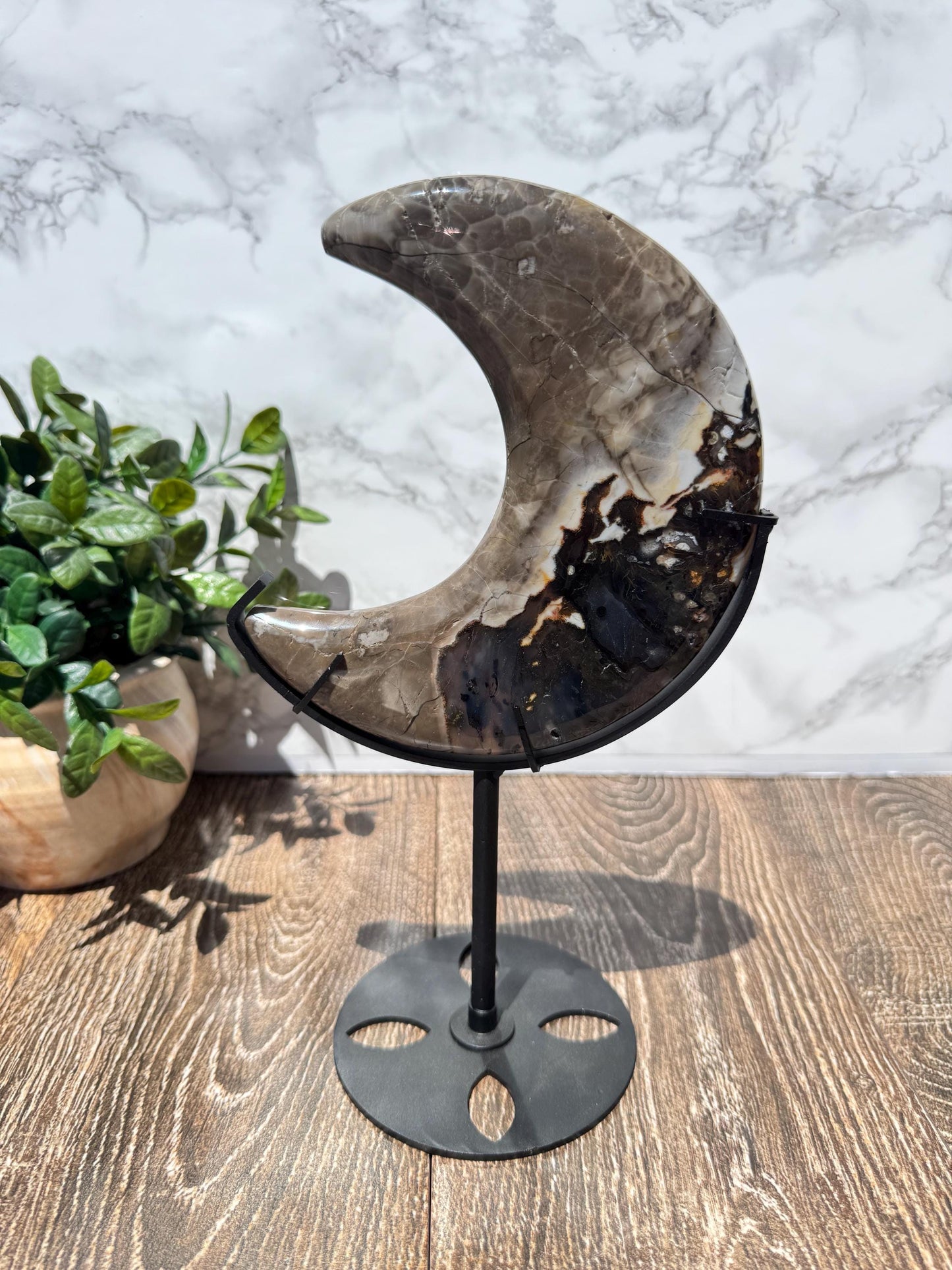 Large Volcano Agate Moon Carving with Stand- UV Reactive