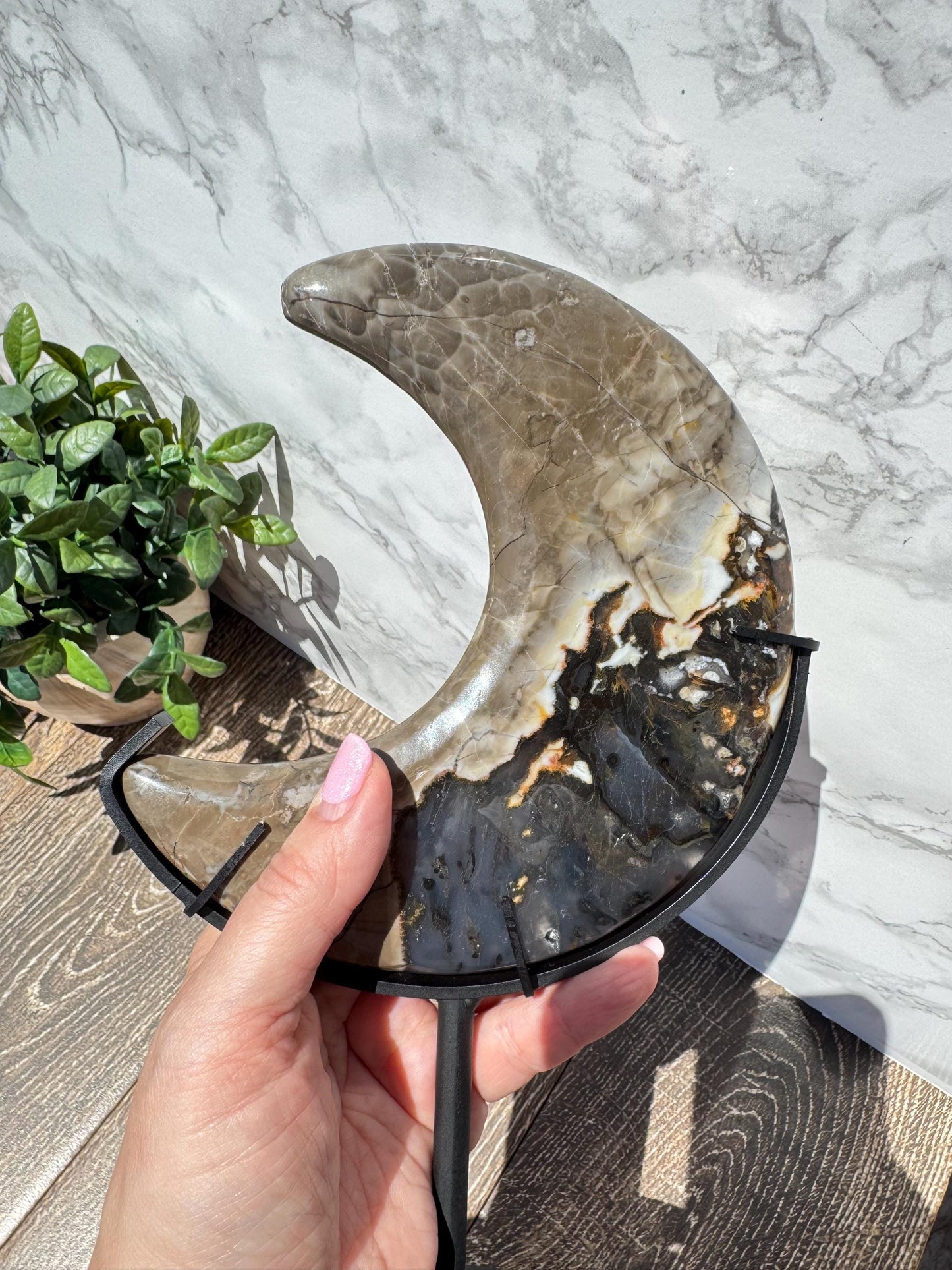 Large Volcano Agate Moon Carving with Stand- UV Reactive