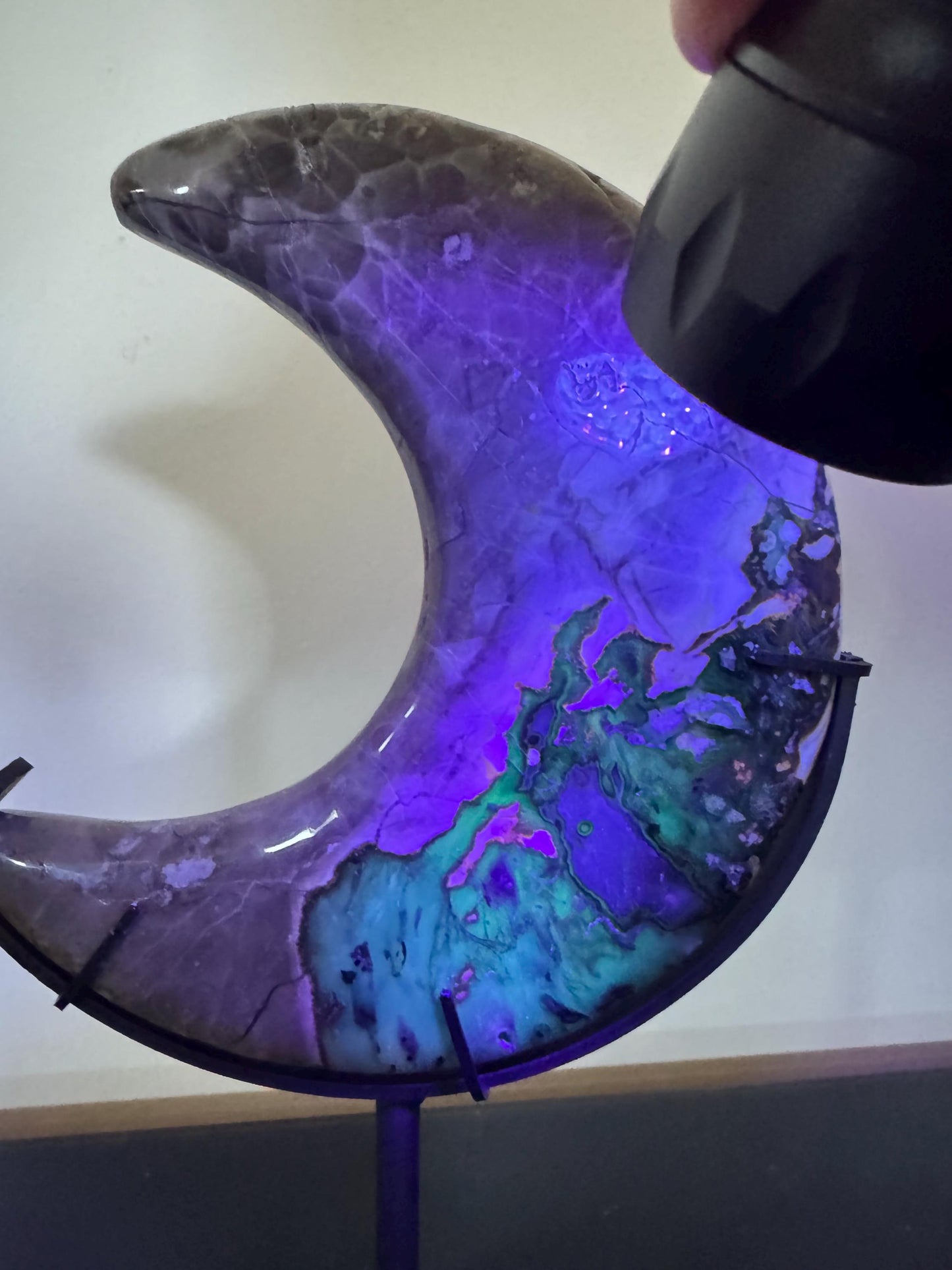Large Volcano Agate Moon Carving with Stand- UV Reactive