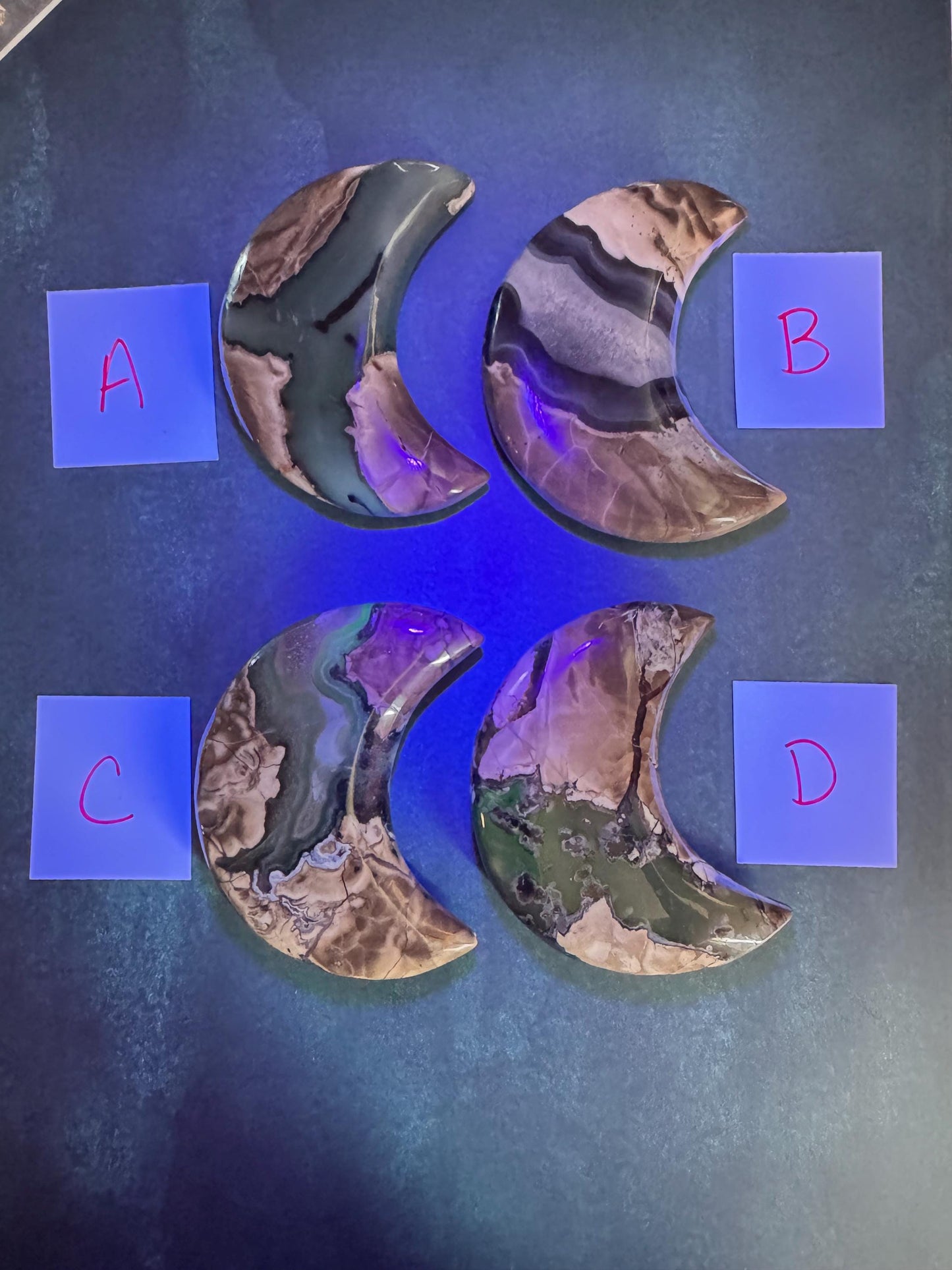 Volcano Agate Moon Carvings - UV Reactive;  YOU CHOOSE