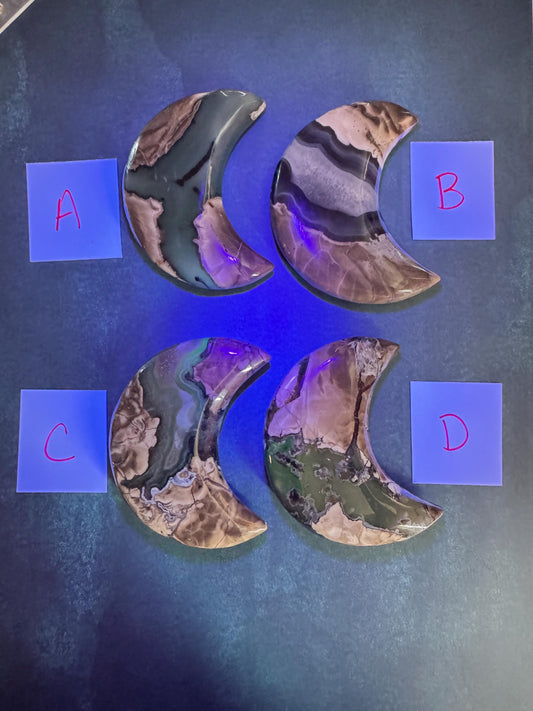 Volcano Agate Moon Carvings - UV Reactive;  YOU CHOOSE