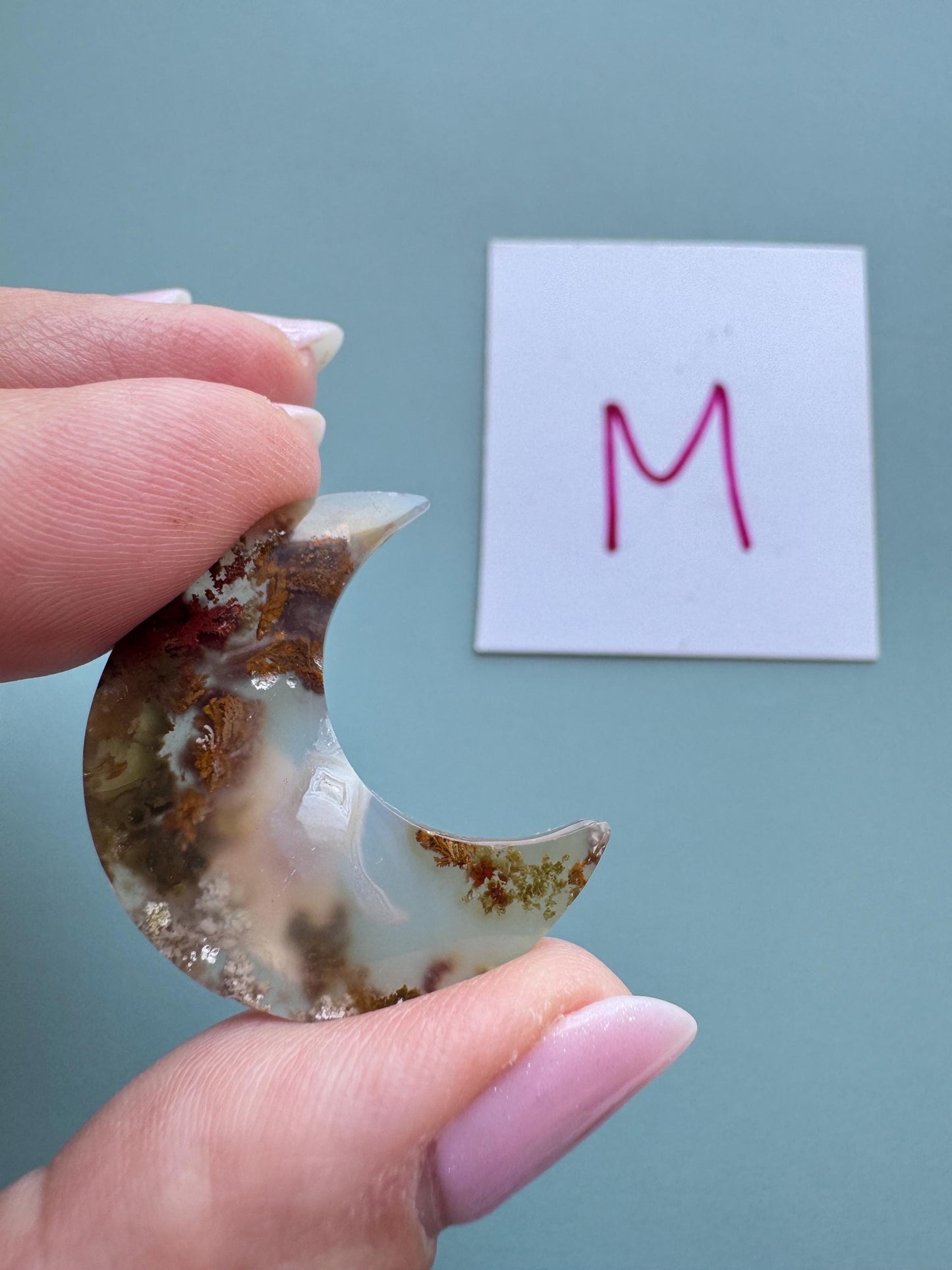 Scenic Moss Agate Moon Cabochons - L through O