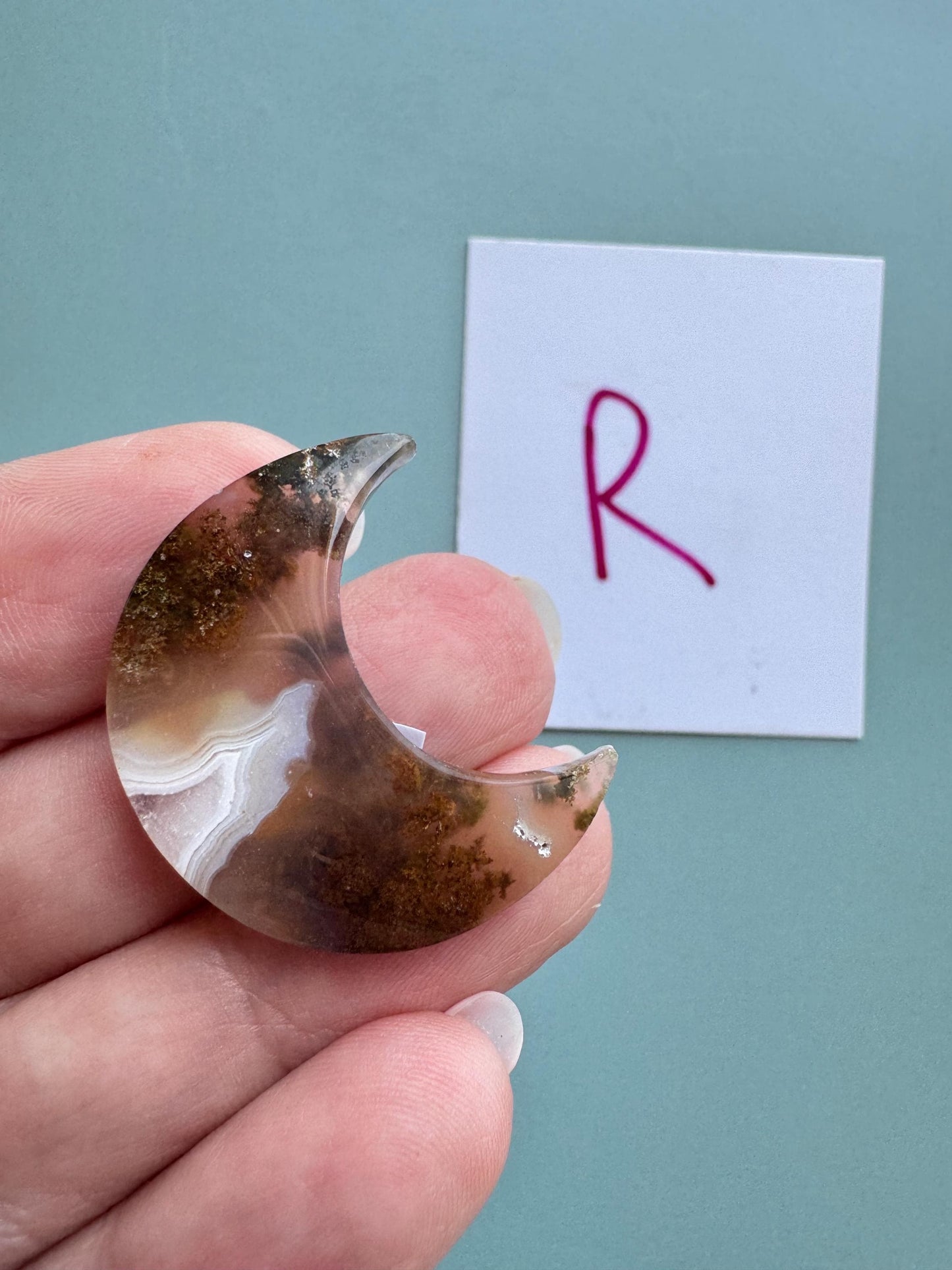 Scenic Moss Agate Moon Cabochons - P through S