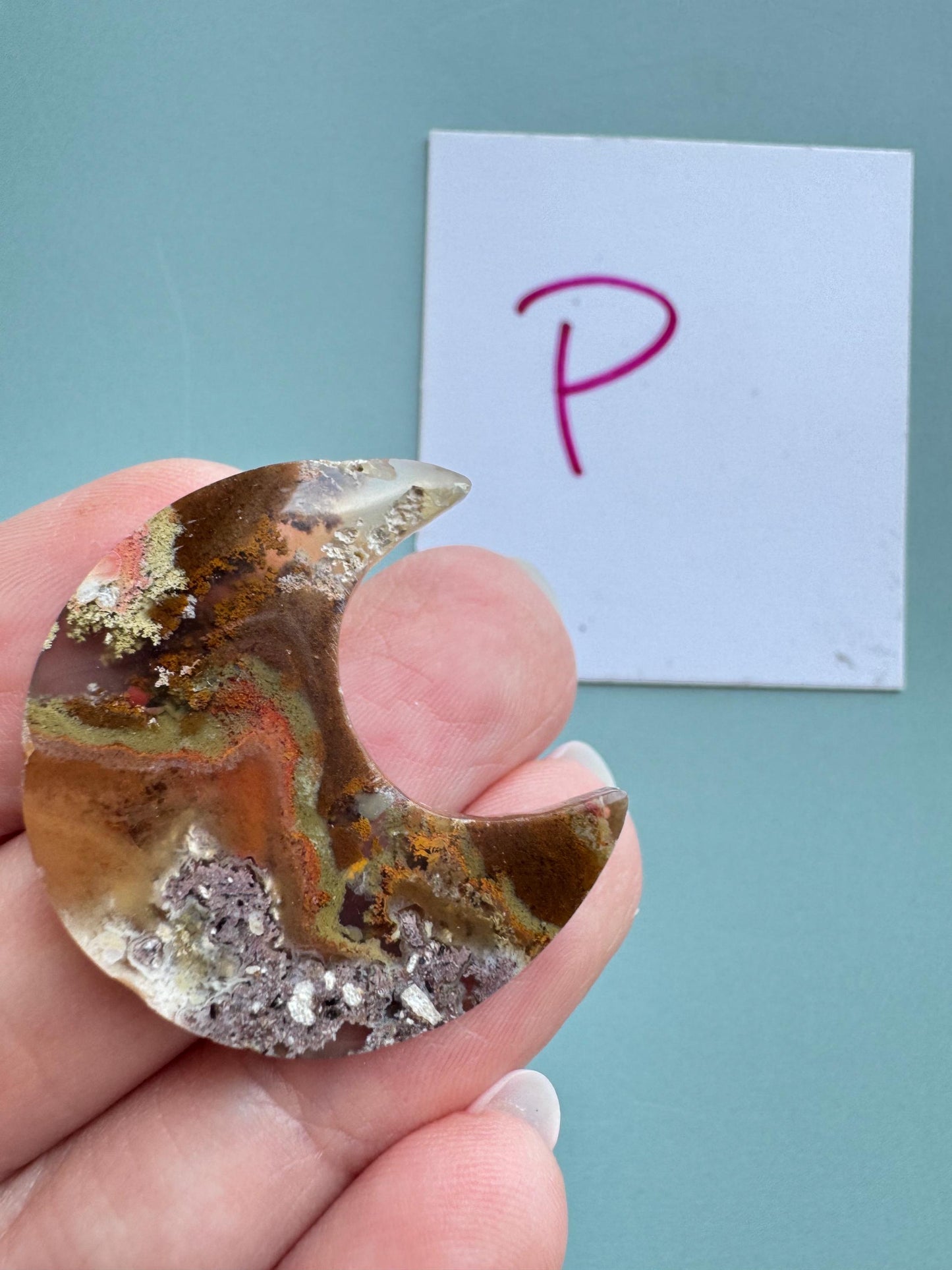 Scenic Moss Agate Moon Cabochons - P through S