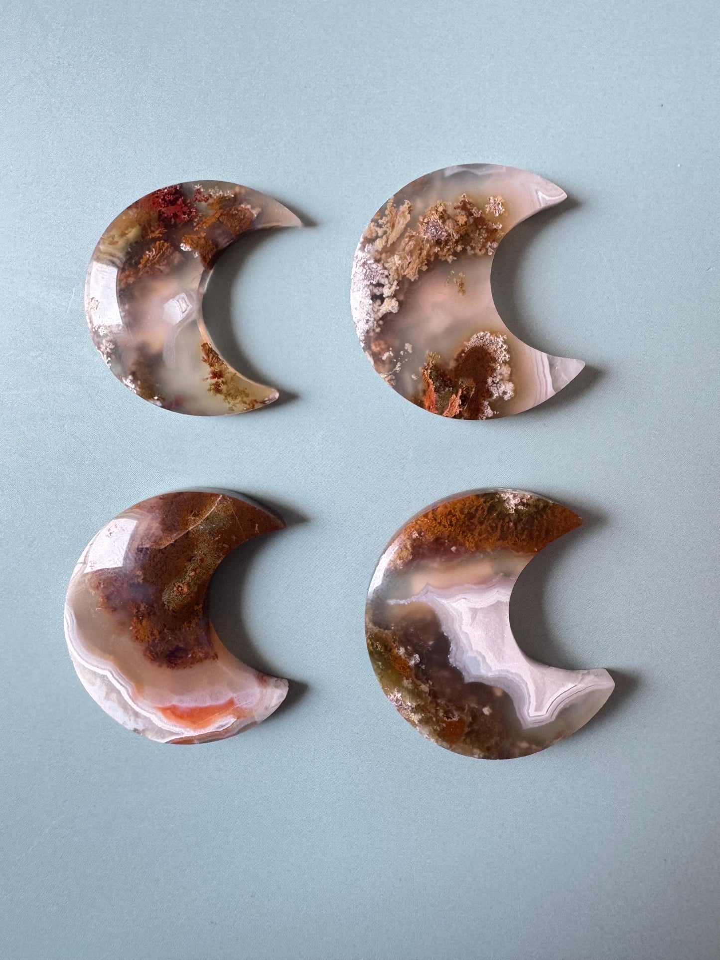 Scenic Moss Agate Moon Cabochons - L through O