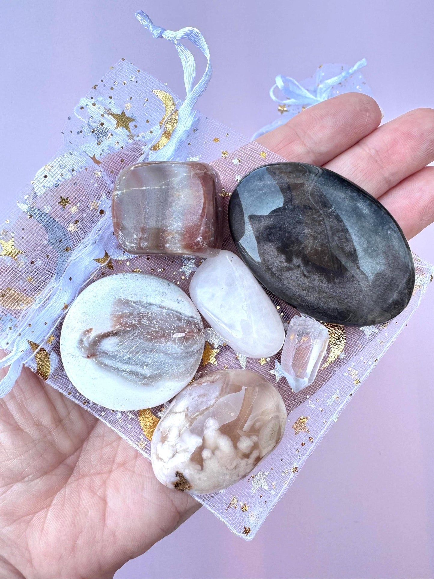 New Beginnings Crystal Set: Obsidian, Unicorn Jasper, Flower Agate