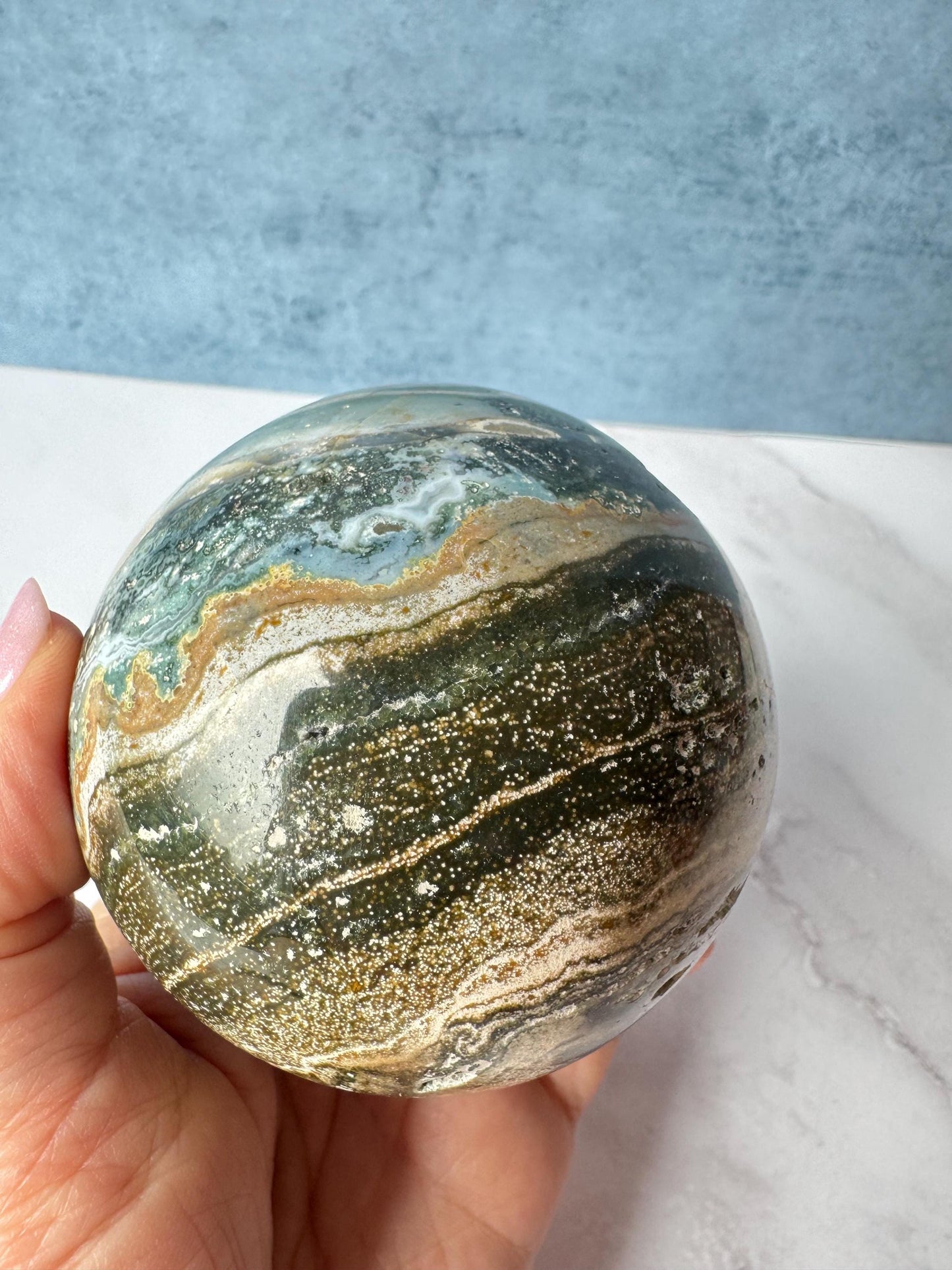 Blue and Green Sea Jasper Sphere (ITEM A) - 74 mm diameter - From Madagascar