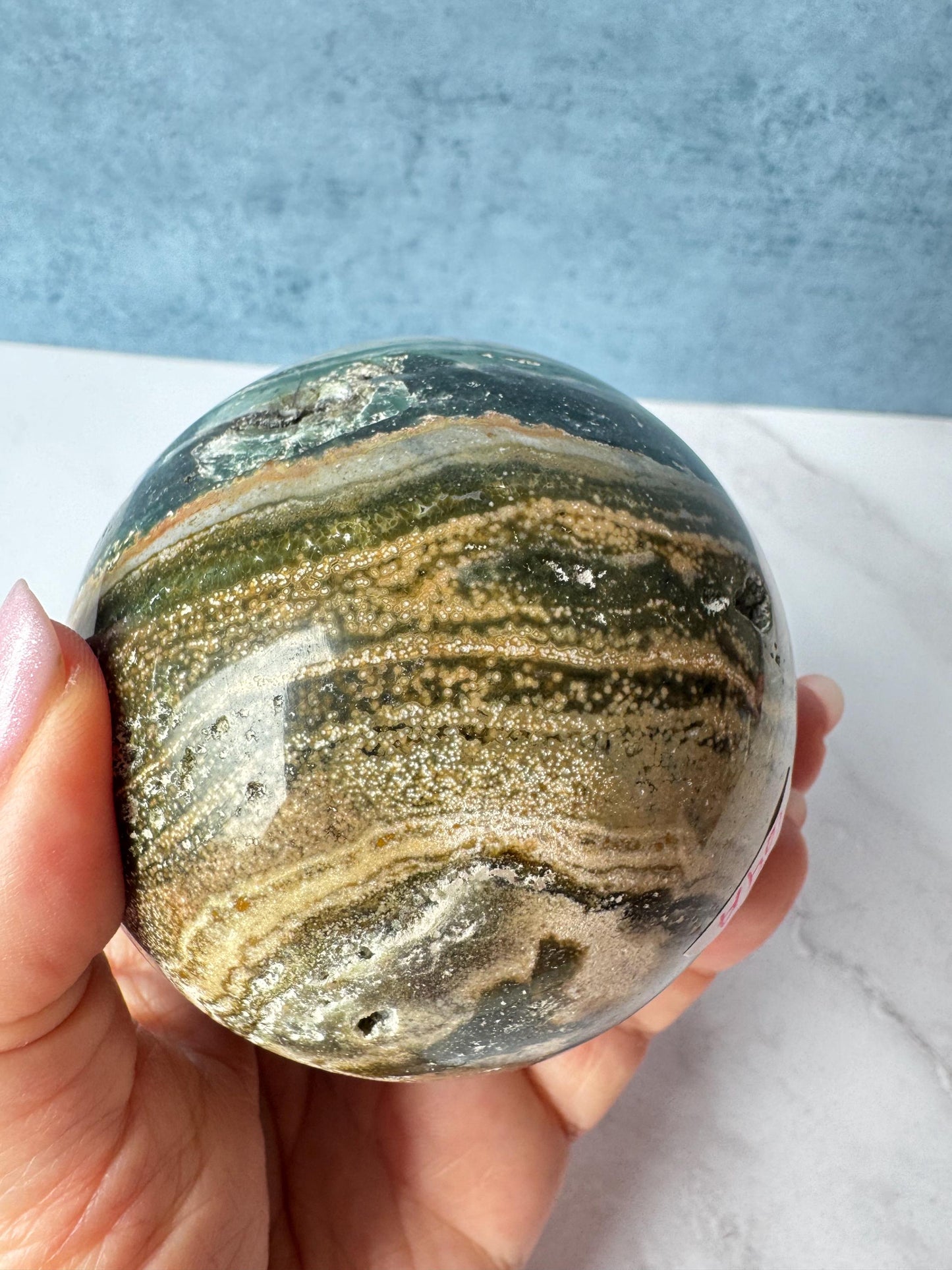 Blue and Green Sea Jasper Sphere (ITEM A) - 74 mm diameter - From Madagascar