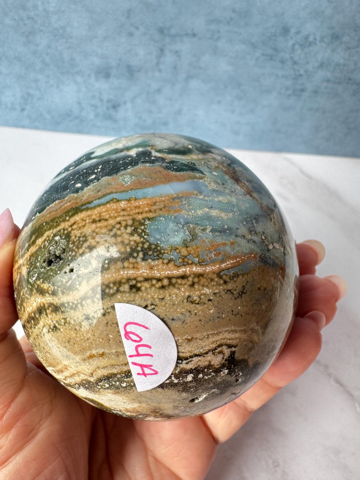 Blue and Green Sea Jasper Sphere (ITEM A) - 74 mm diameter - From Madagascar