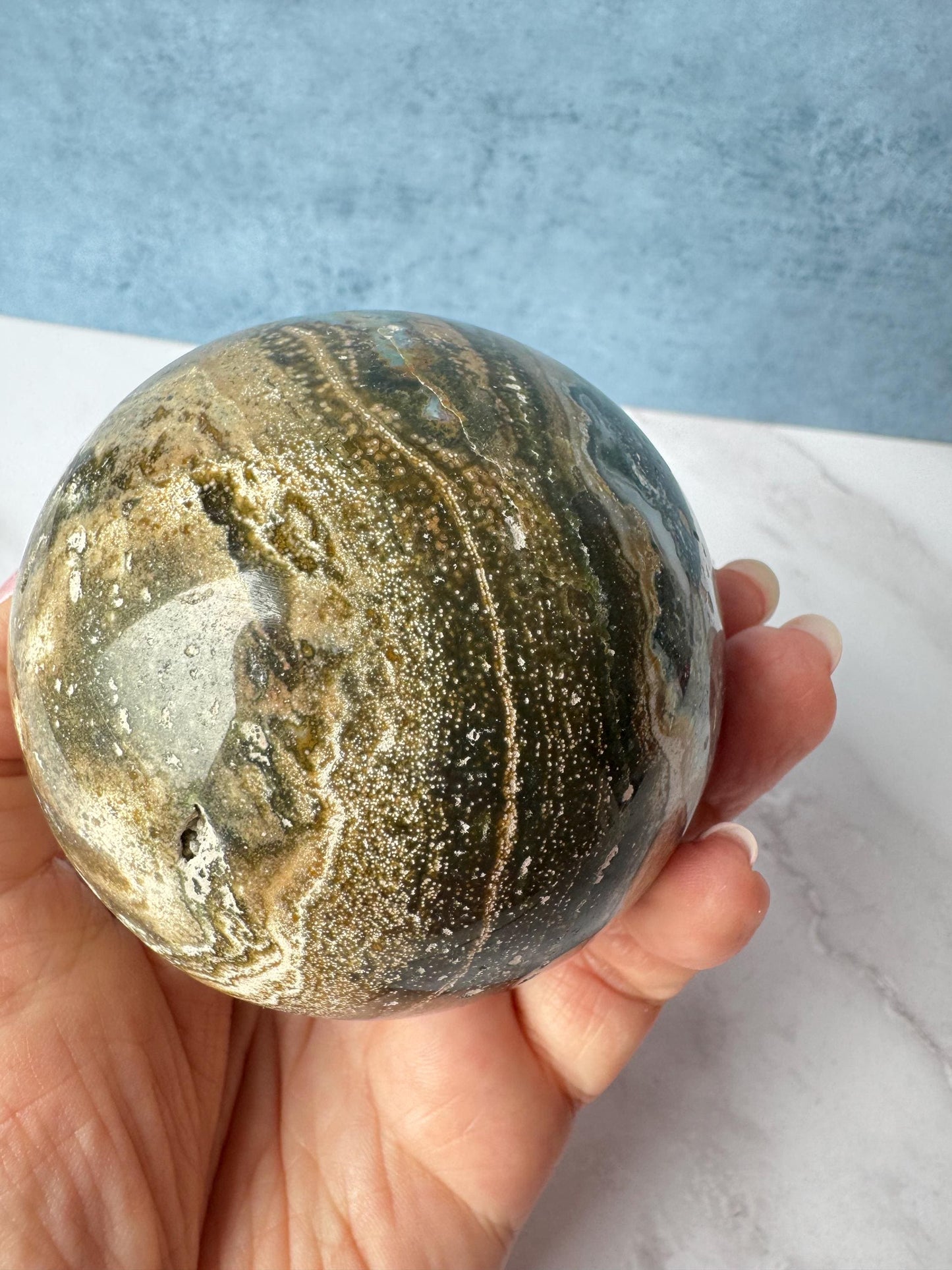 Blue and Green Sea Jasper Sphere (ITEM A) - 74 mm diameter - From Madagascar