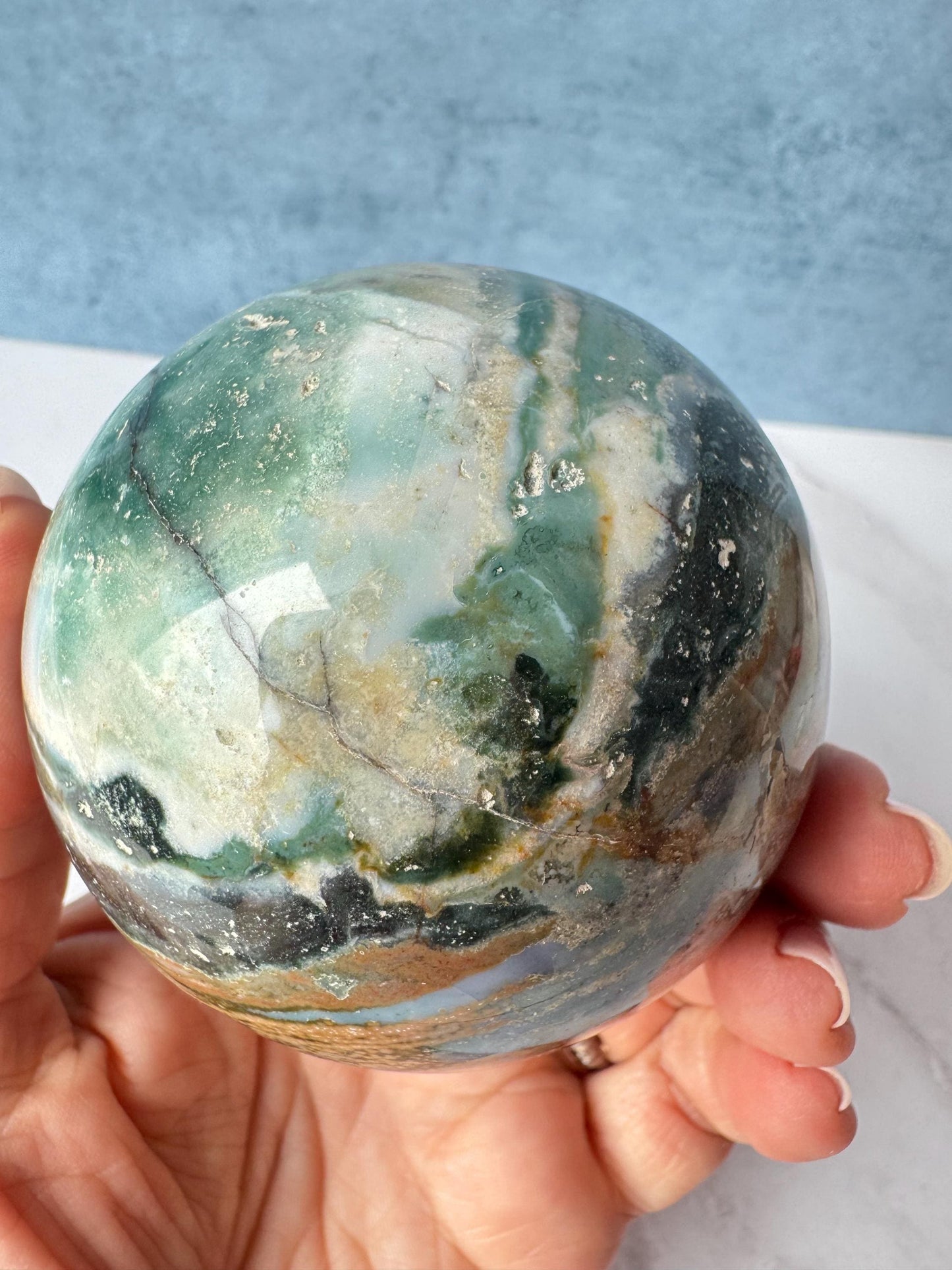 Blue and Green Sea Jasper Sphere (ITEM A) - 74 mm diameter - From Madagascar