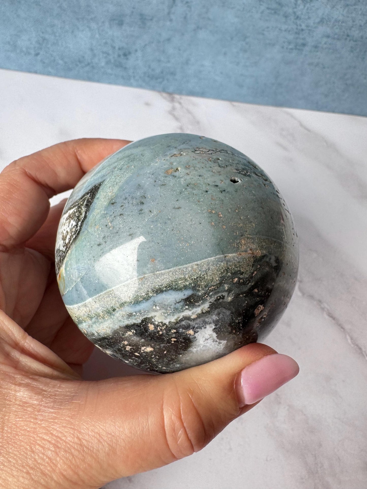 Light Blue and Dark Green Sea Jasper Sphere (ITEM D) - 74.2 mm diameter - From Madagascar