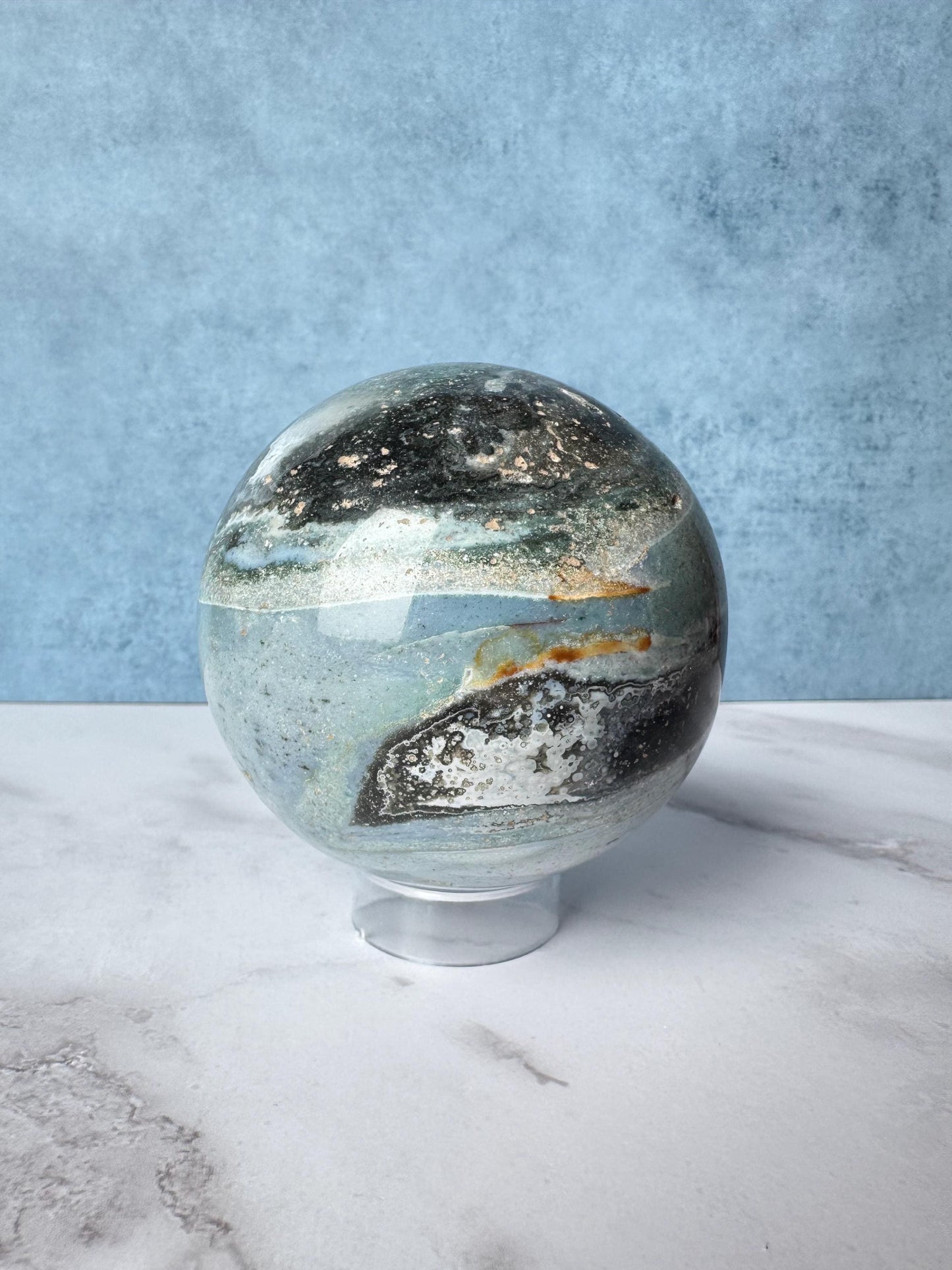 Light Blue and Dark Green Sea Jasper Sphere (ITEM D) - 74.2 mm diameter - From Madagascar
