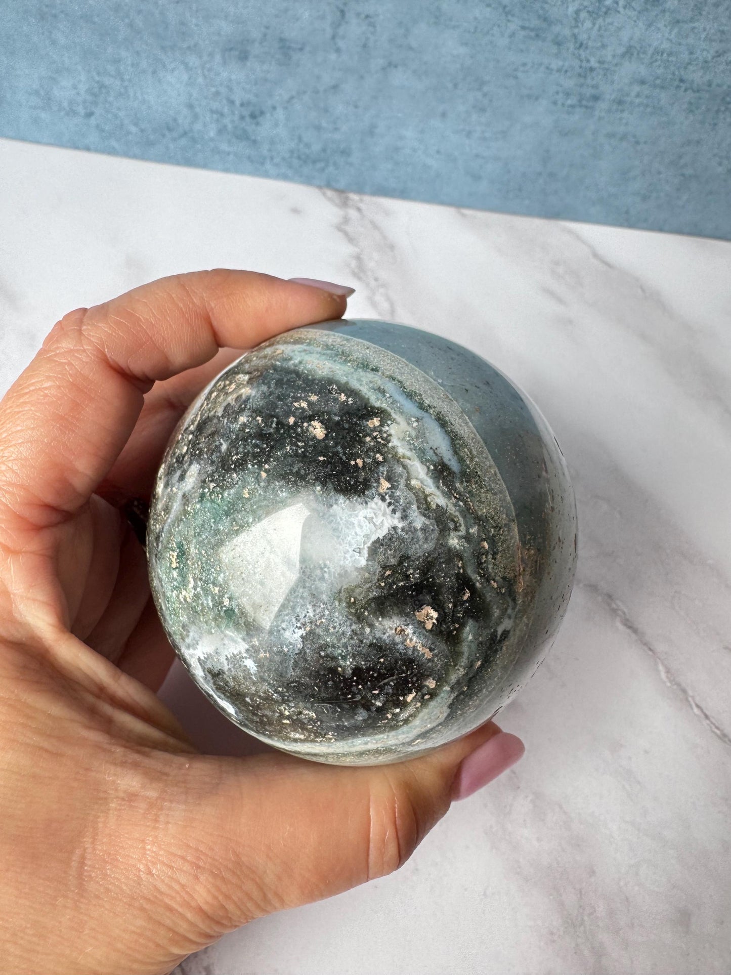 Light Blue and Dark Green Sea Jasper Sphere (ITEM D) - 74.2 mm diameter - From Madagascar