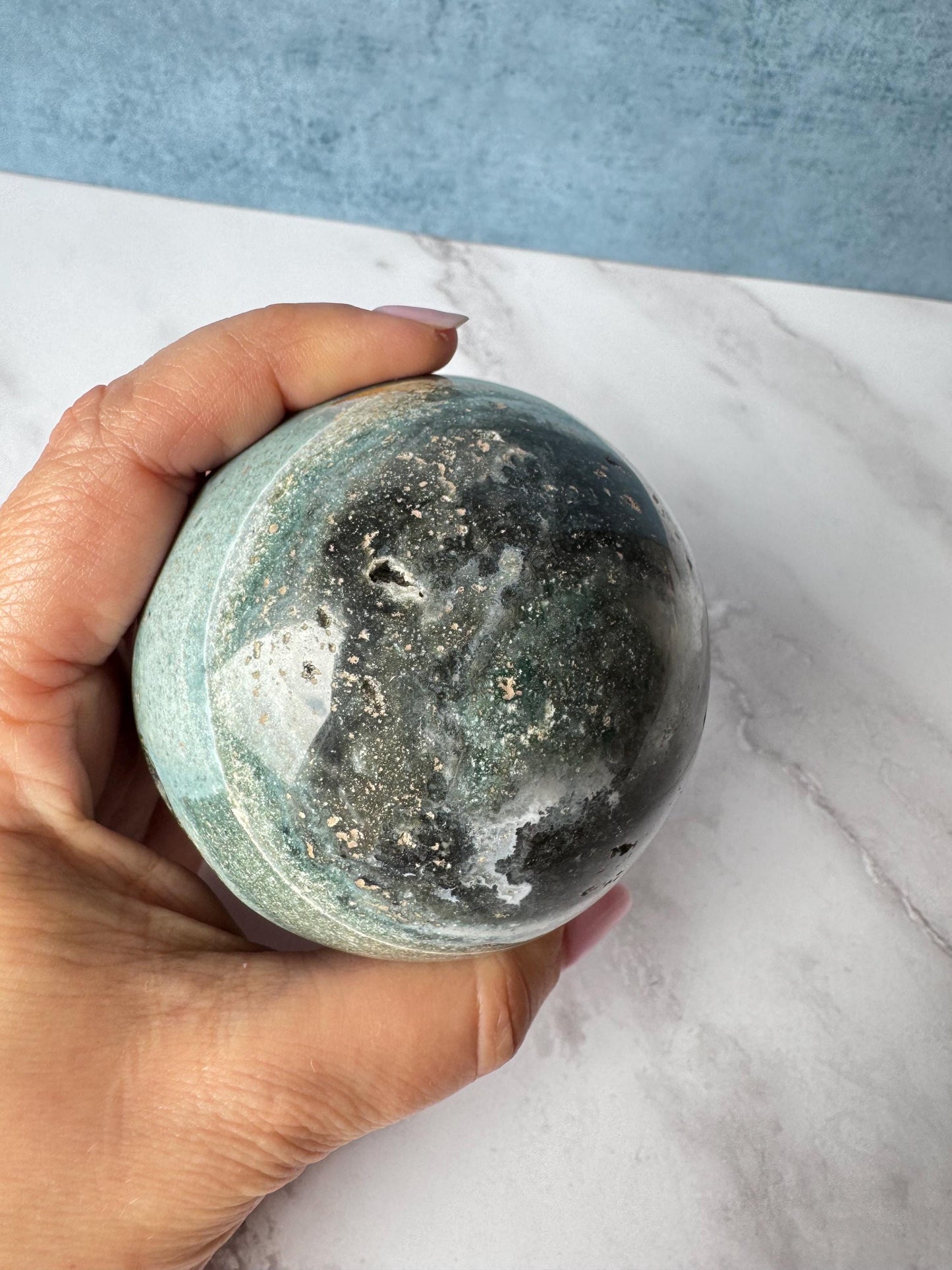 Light Blue and Dark Green Sea Jasper Sphere (ITEM D) - 74.2 mm diameter - From Madagascar