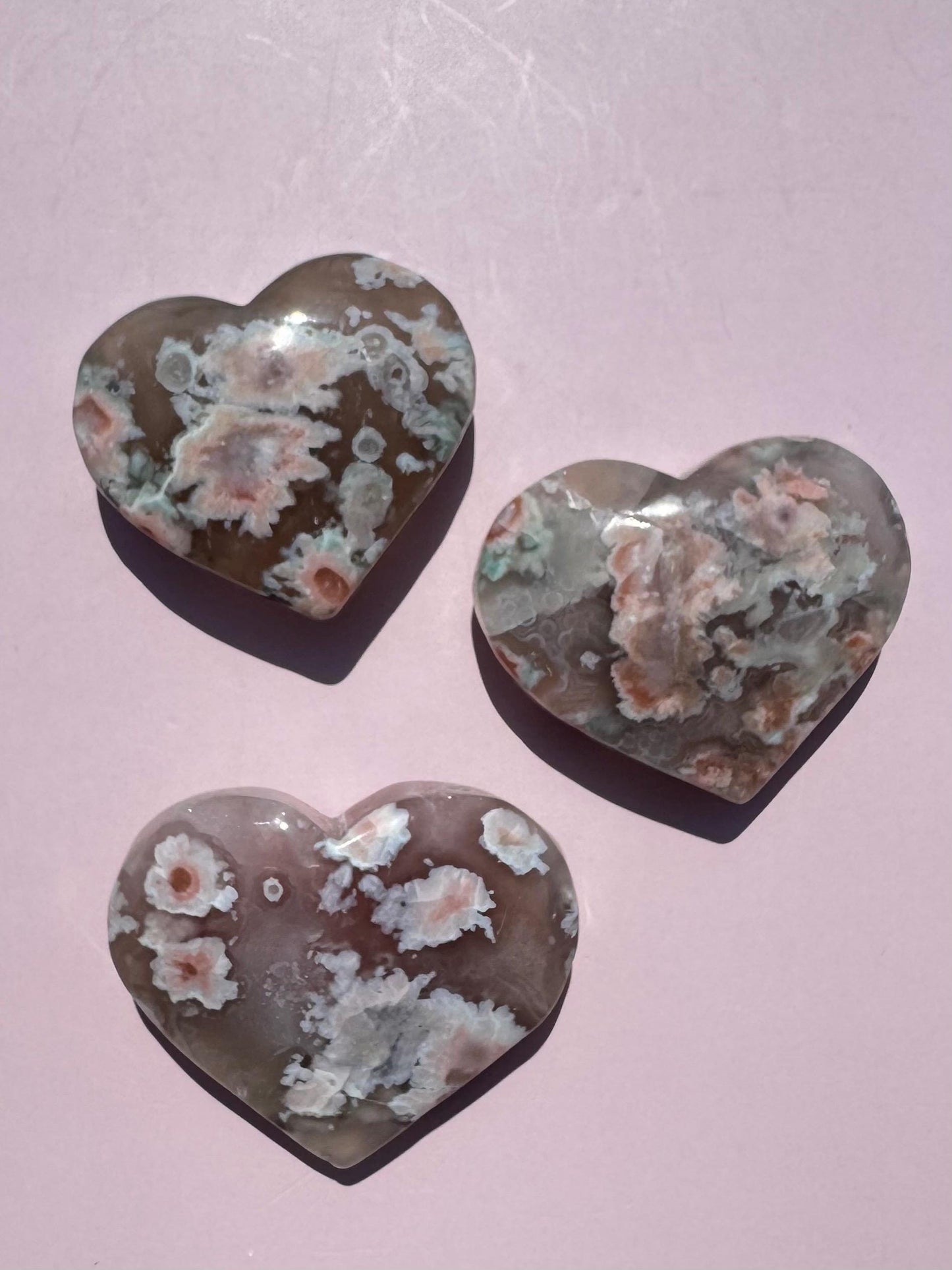 Green Flower Agate Heart Carvings - YOU CHOOSE