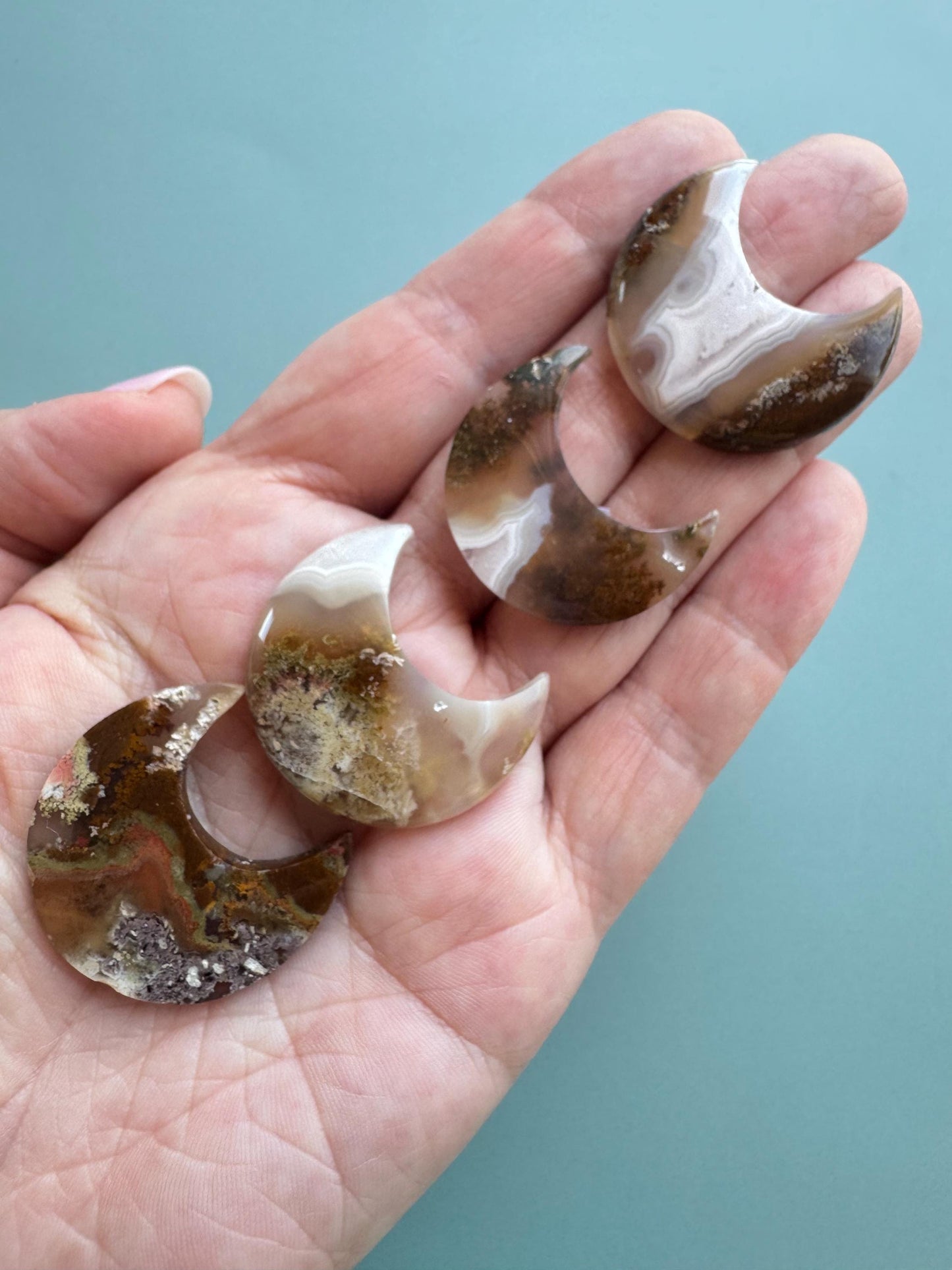 Scenic Moss Agate Moon Cabochons - P through S