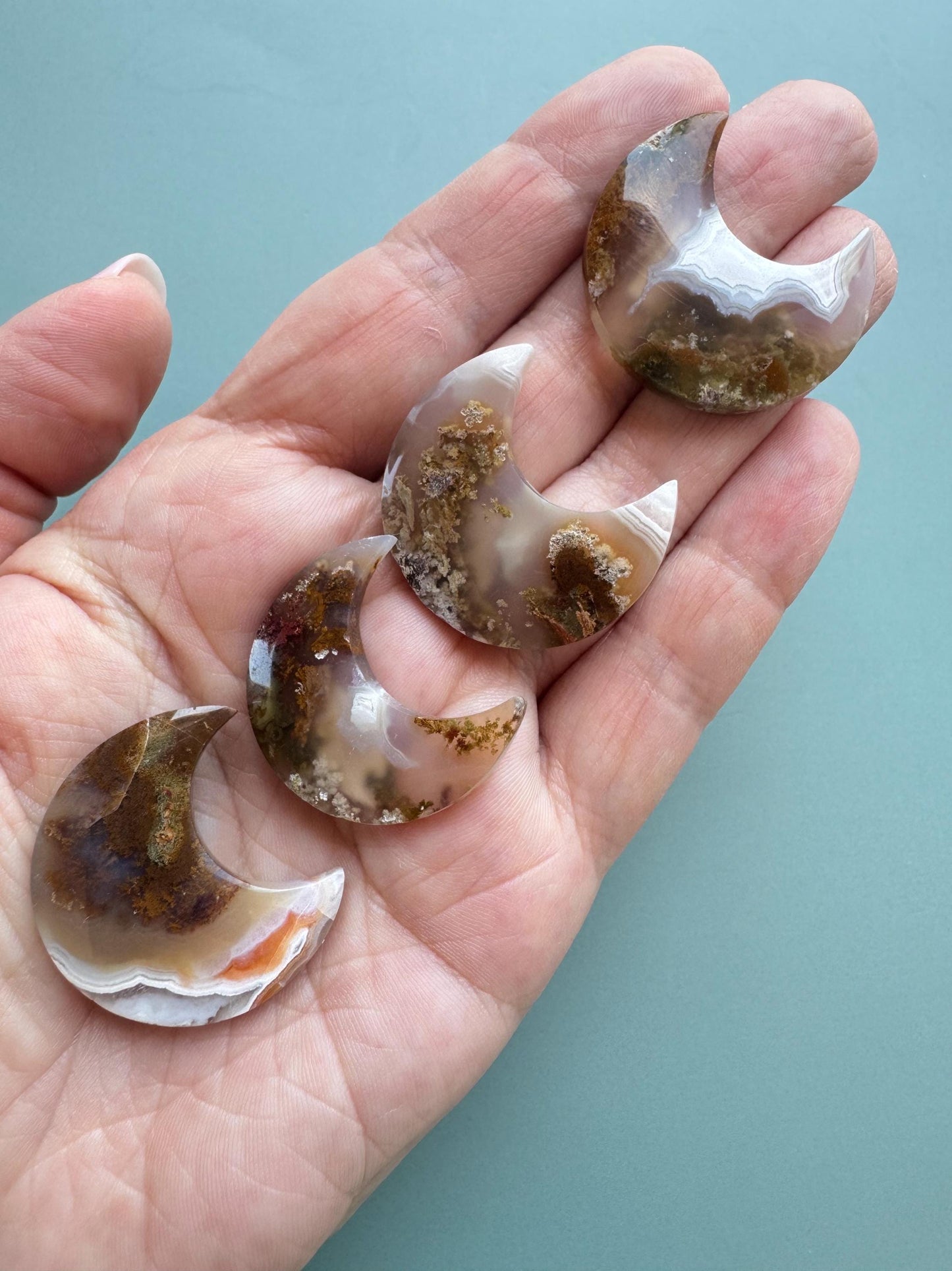 Scenic Moss Agate Moon Cabochons - L through O