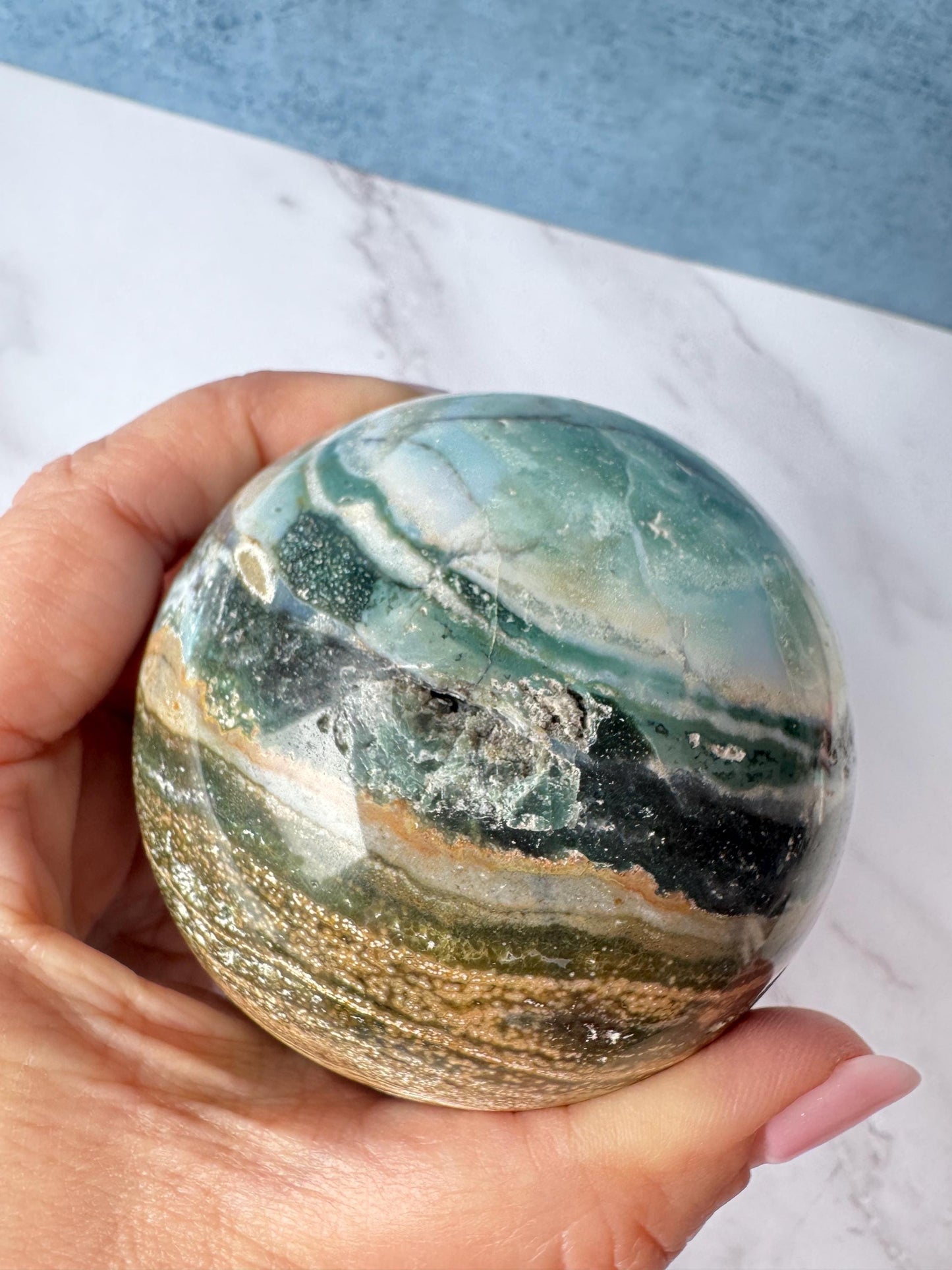 Blue and Green Sea Jasper Sphere (ITEM A) - 74 mm diameter - From Madagascar