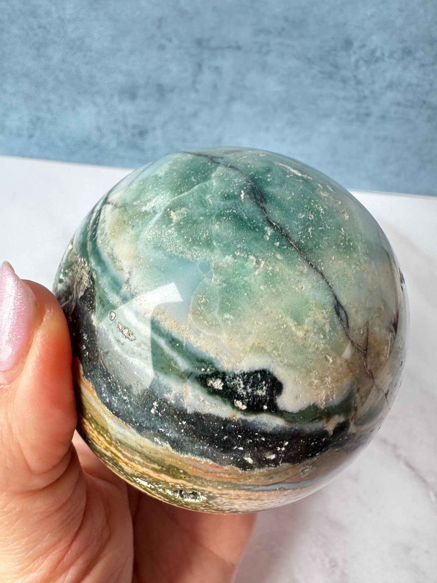 Blue and Green Sea Jasper Sphere (ITEM A) - 74 mm diameter - From Madagascar
