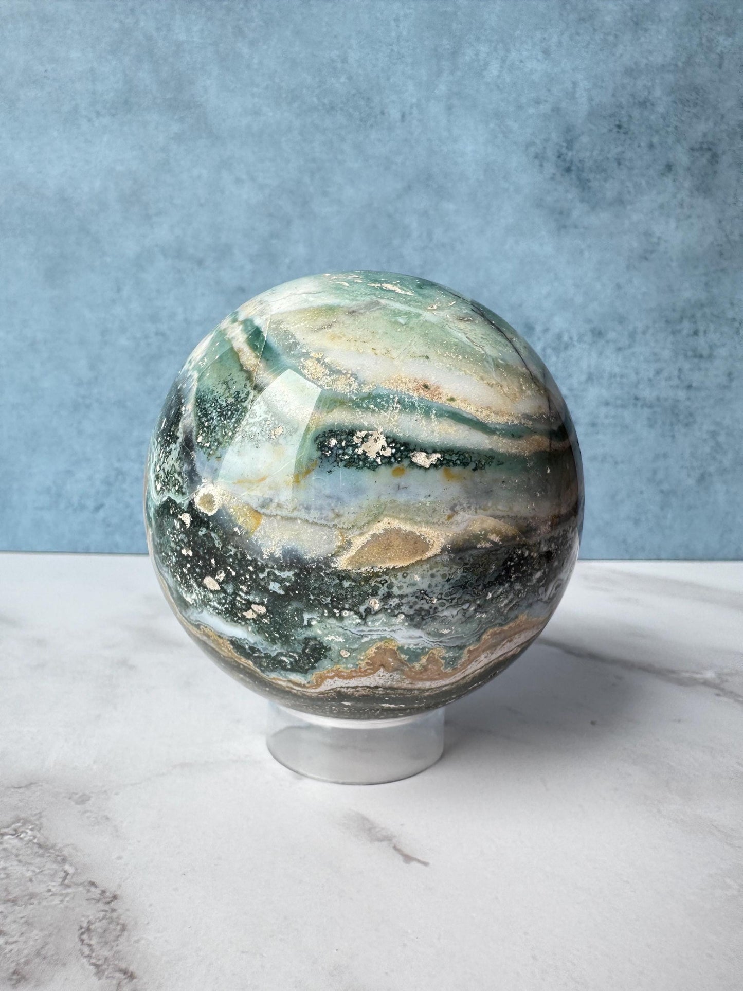 Blue and Green Sea Jasper Sphere (ITEM A) - 74 mm diameter - From Madagascar