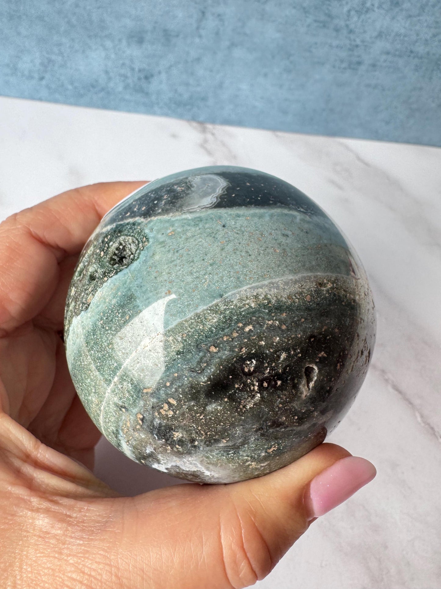 Light Blue and Dark Green Sea Jasper Sphere (ITEM D) - 74.2 mm diameter - From Madagascar